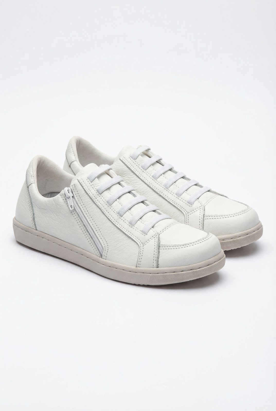 Tênis feminino em couro com elástico e zíper 0203 - Branco