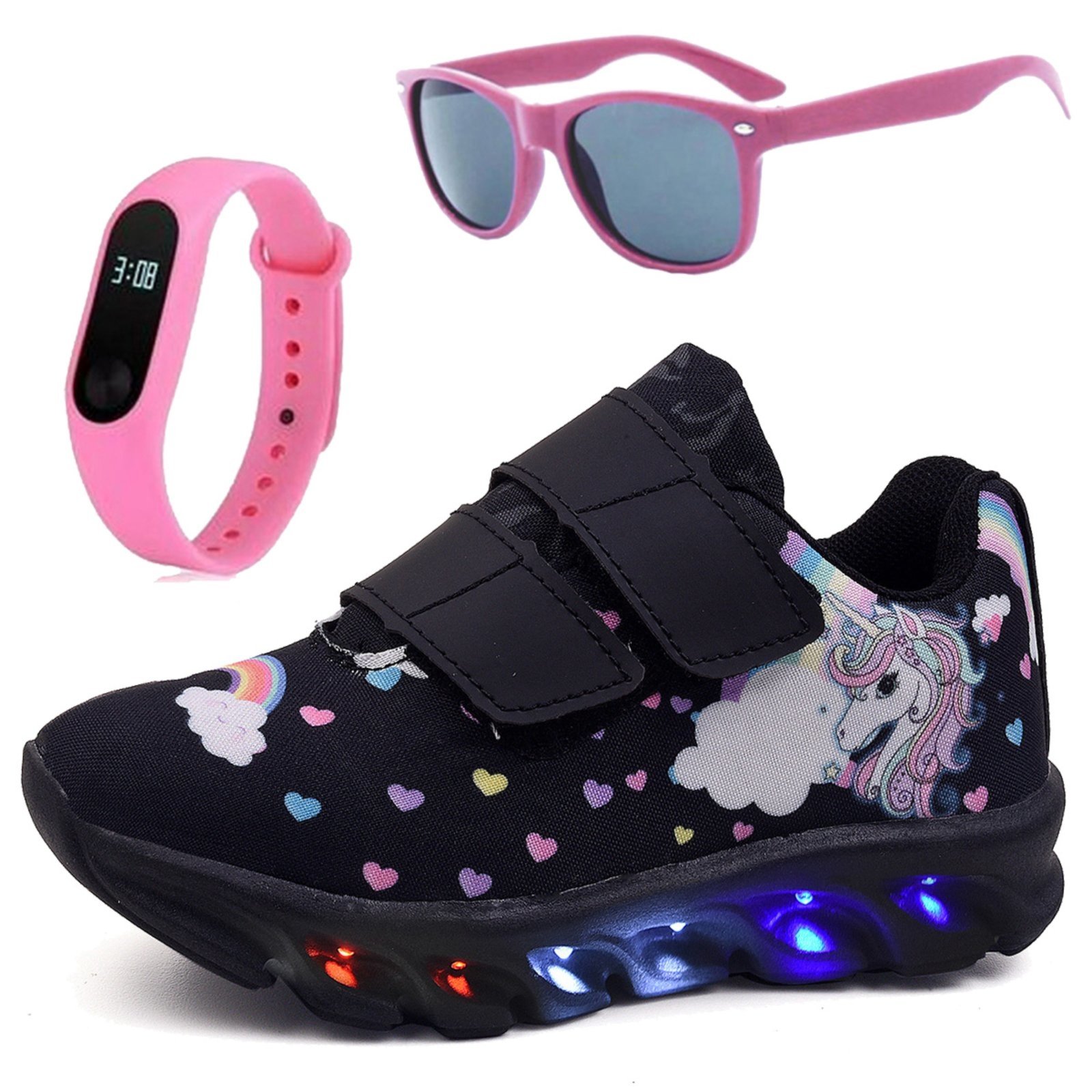 Vista 2 Infantil - Tênis Feminino de Led Unicornio Menina Tira Colante com Óculos e Relógio CALCADOS LGHT LIGHT preto CALCADOS LGHT LIGHT preto