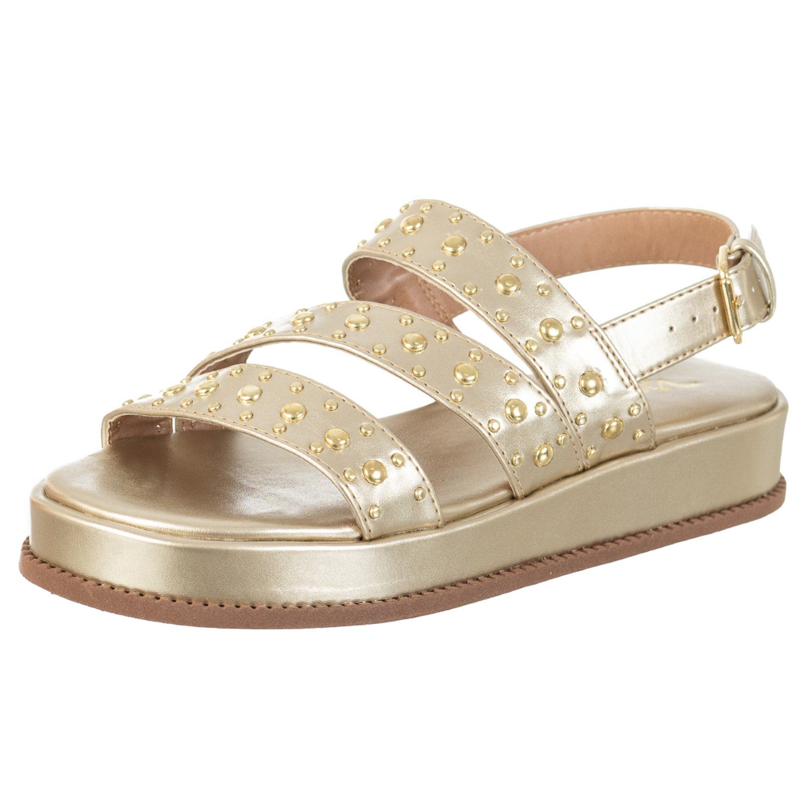 Sandália Papete Feminina FlatForm Via Birigui Com Enfeites e Spikes Dourado