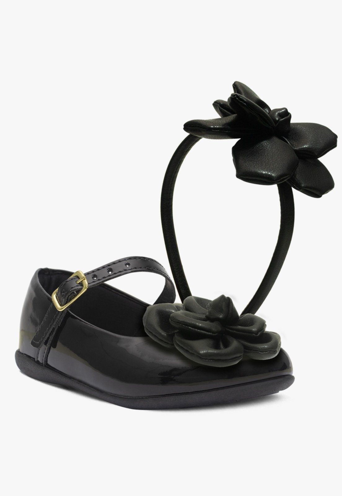 Infantil – Kit Tiara e Sapatilha Rasteira Feminina Pópidi Petala Flor Preto