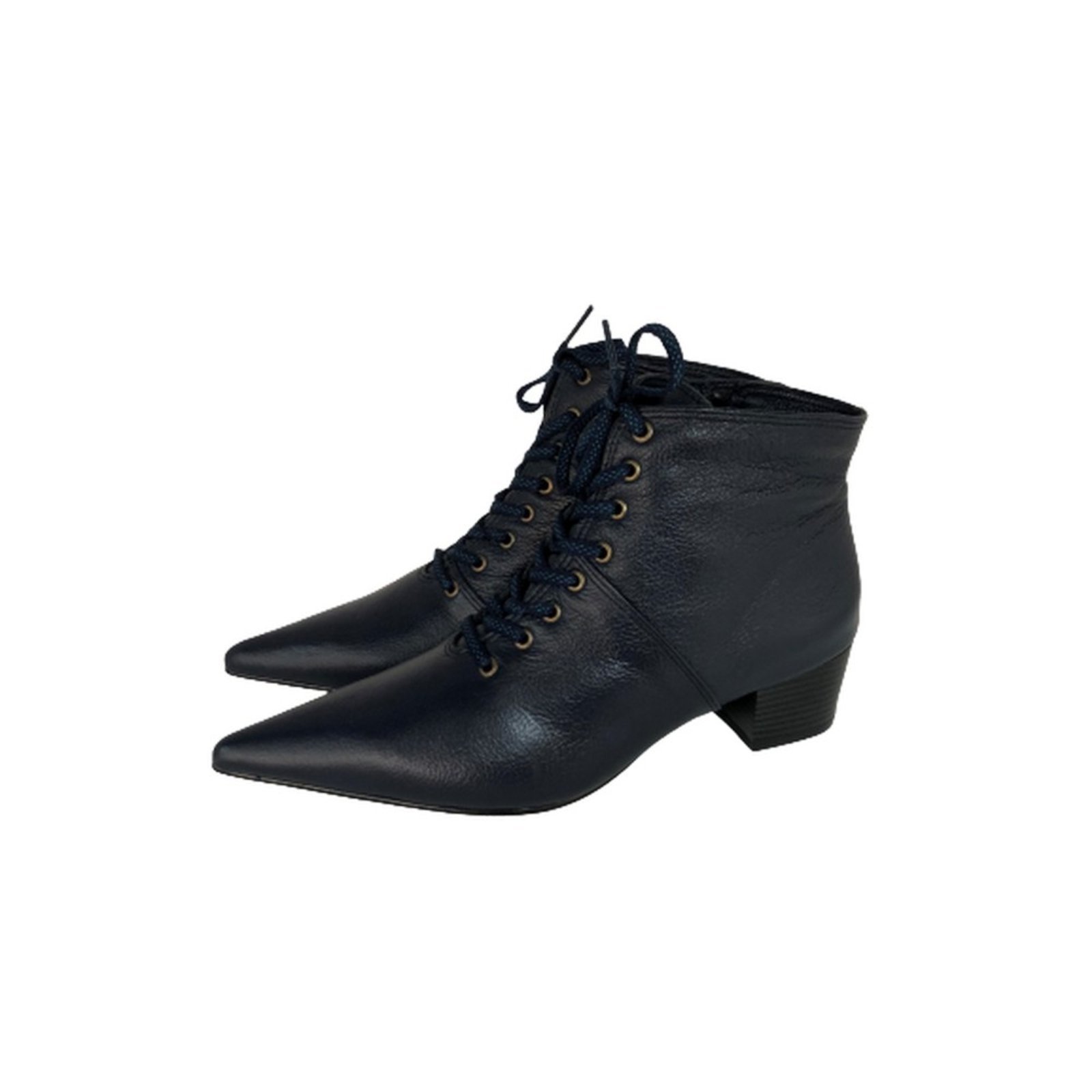 Bota Feminina Com Cadarço Bico Fino Cano Curto Couro Salto 4 CM Azul Spinelli