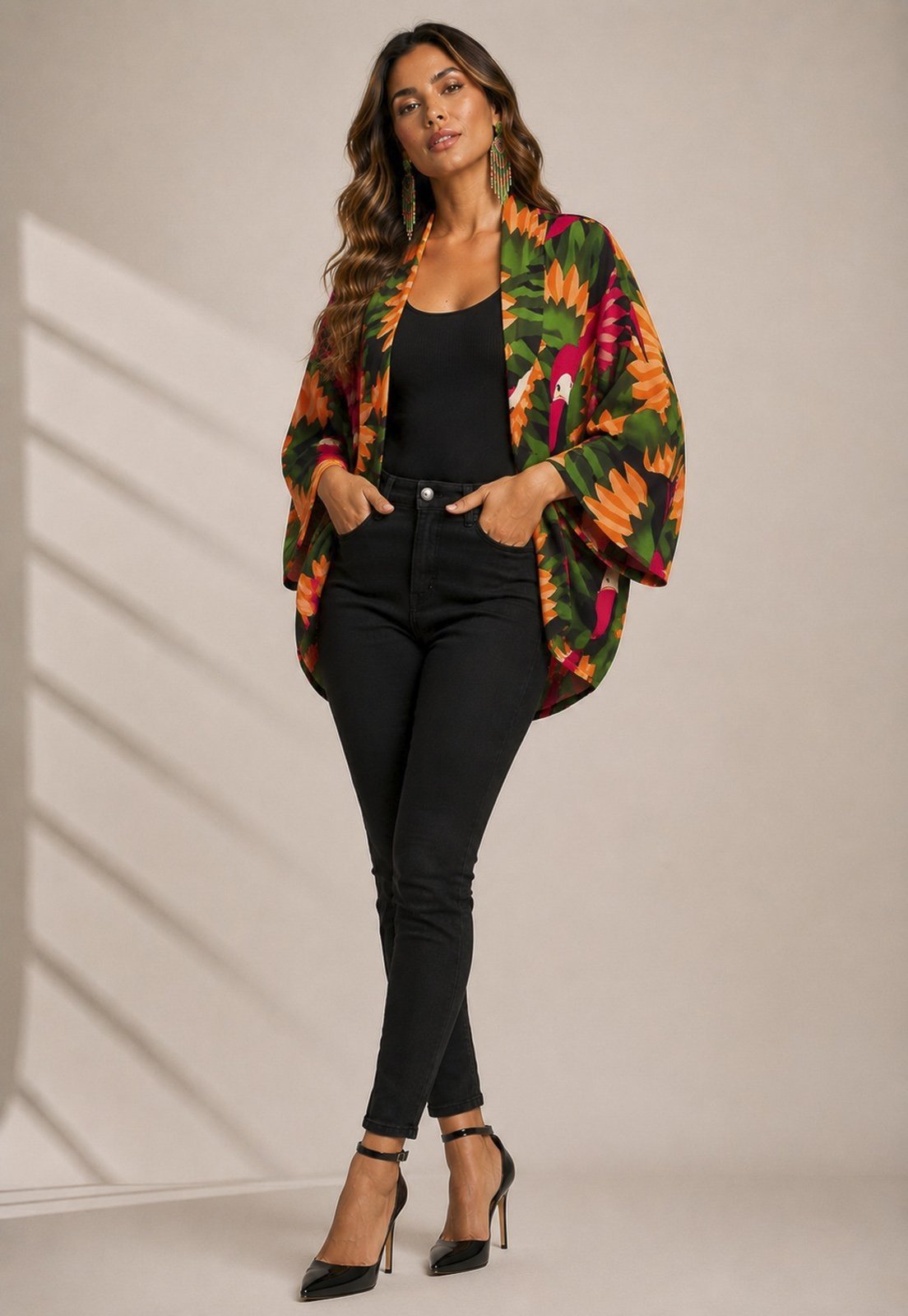 Kimono CabanaFree Viscose Manga Ampla Estampa Festas dos Tucanos