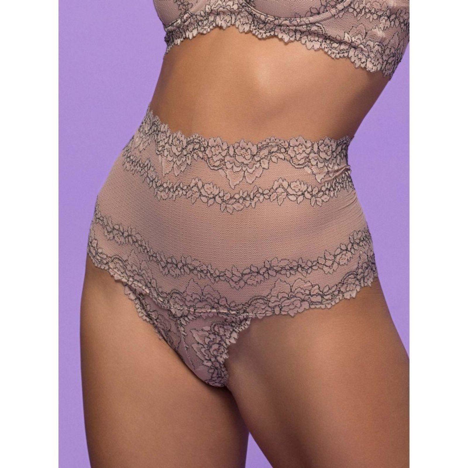 Calcinha Hot Pant Fio Dental Renda Première Signature Nude/Preto Preto