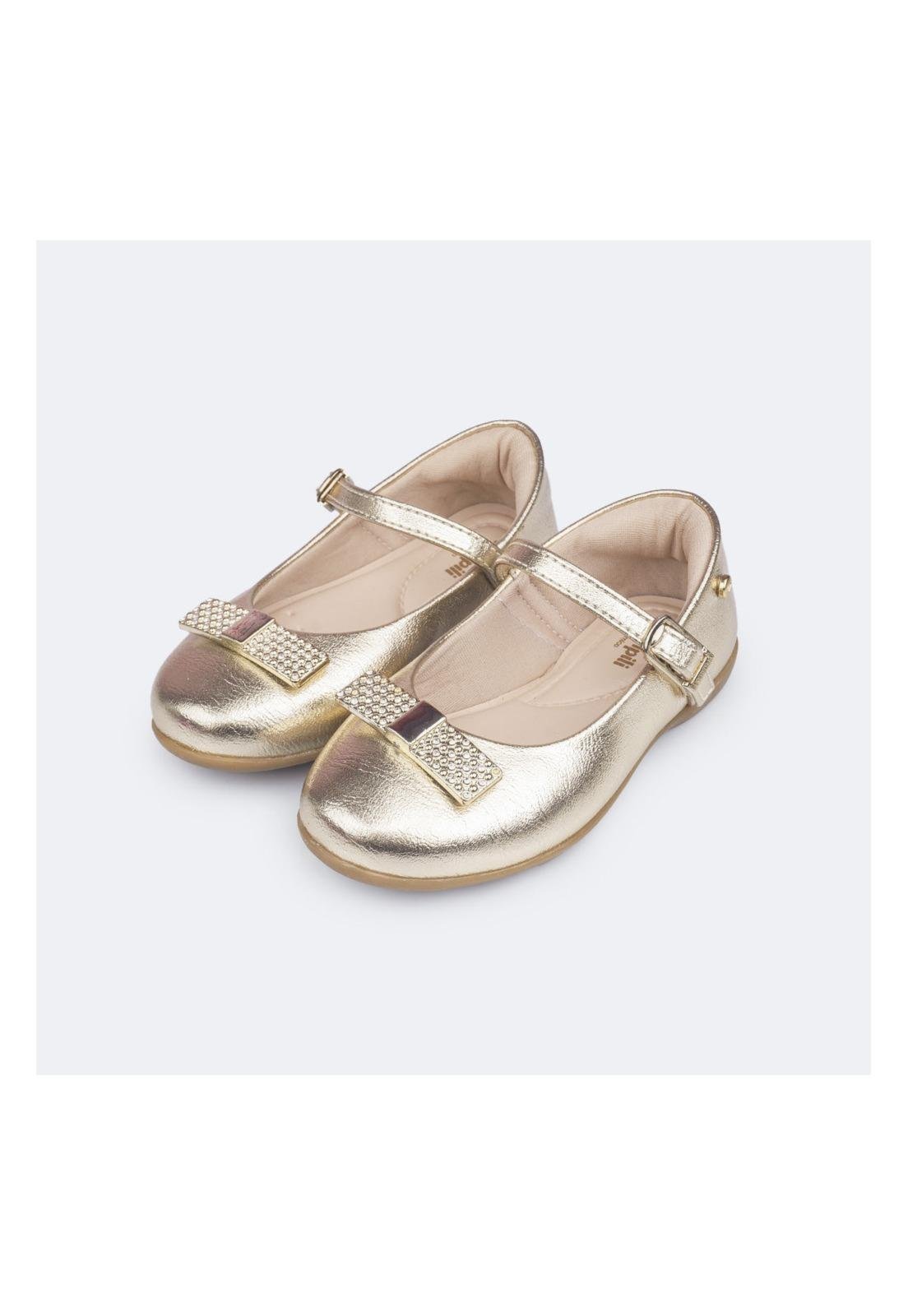 Infantil - Sapatilha Pampili Bailarina Laço Cromado Dourada 23 Dourado
