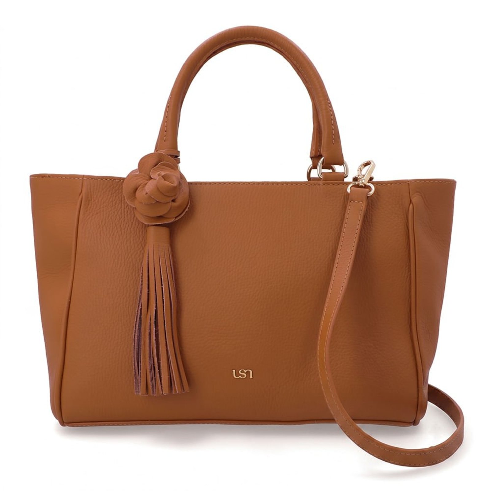 Bolsa Tote Couro Marrom Com Charm Flor