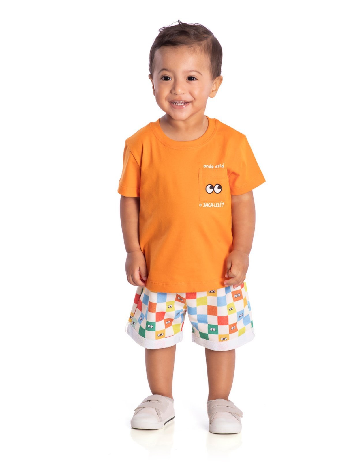 Infantil - Conj. camiseta manga curta laranja + bermuda moletinho colorida