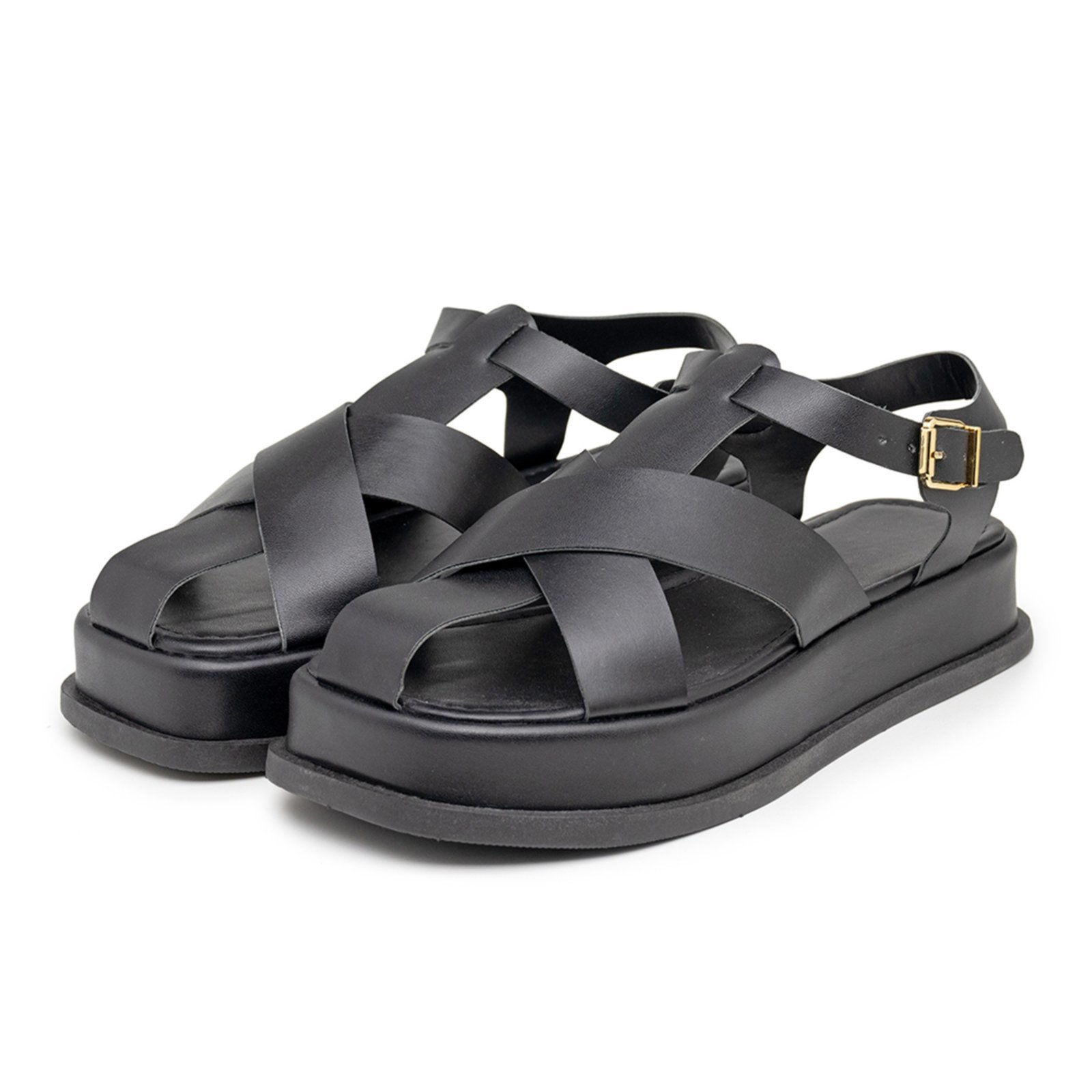 Sandália Feminina Papete Flatform Tiras Cruzadas 23400 Preto