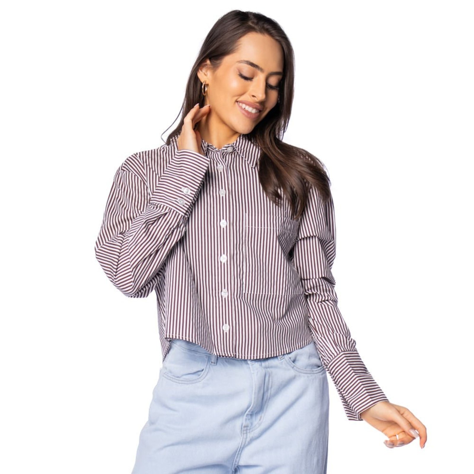 Vista 2 Camisa Feminina The Style Box Social Cropped Branco amarelo The Style Box amarelo
