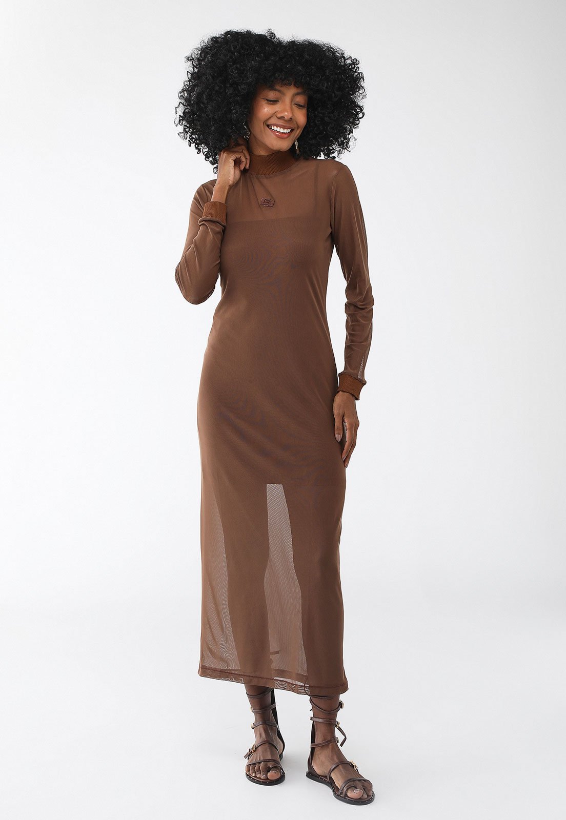 Vista 2 Vestido Tule Colcci Midi Logo Colcci marrom