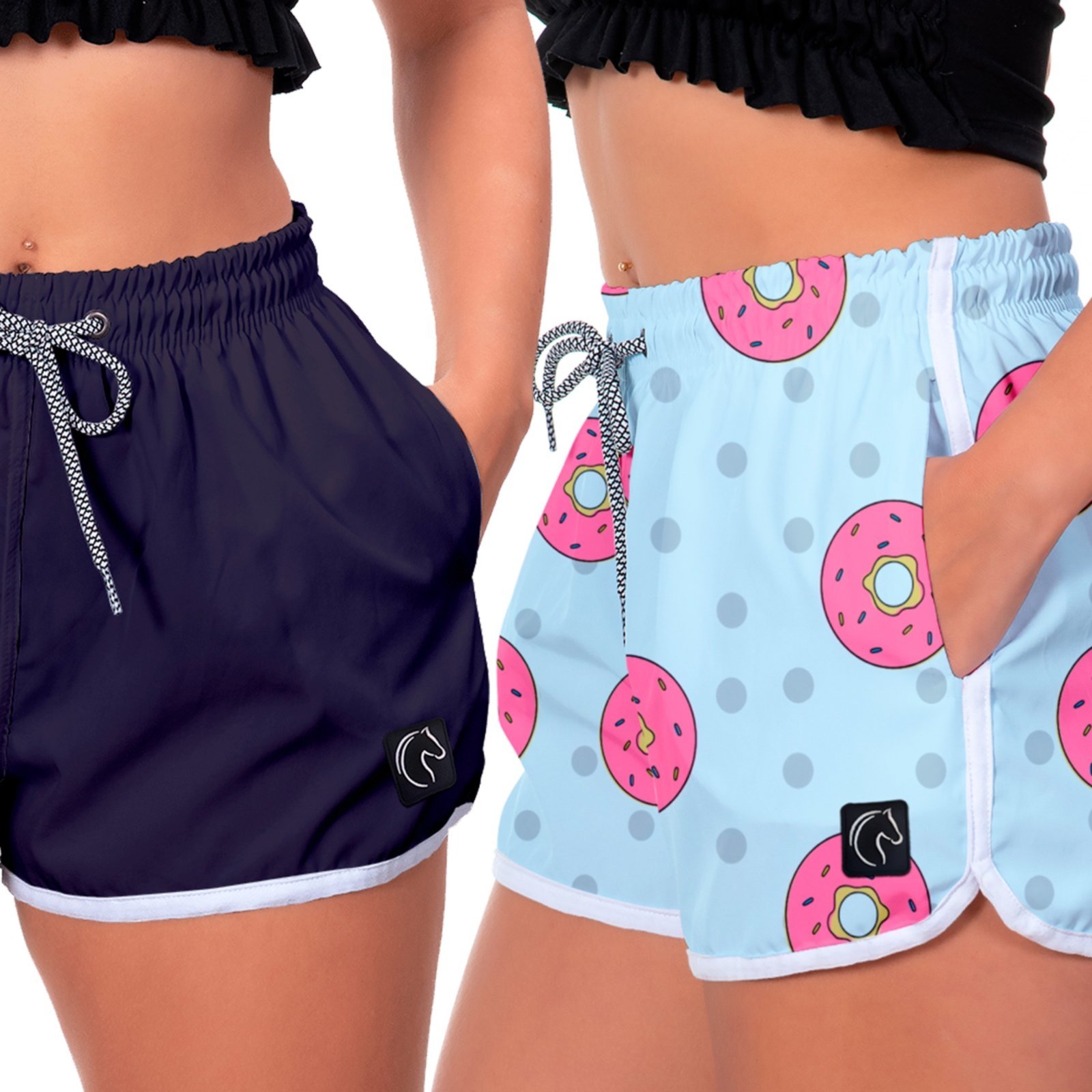 Kit 2 Shorts Feminino Premium Secagem Rápida com Elástico Cordão Ajustável e Bolsos Moda Praia Casual ou Treino Academia Azul Marinho e Rosquinhas