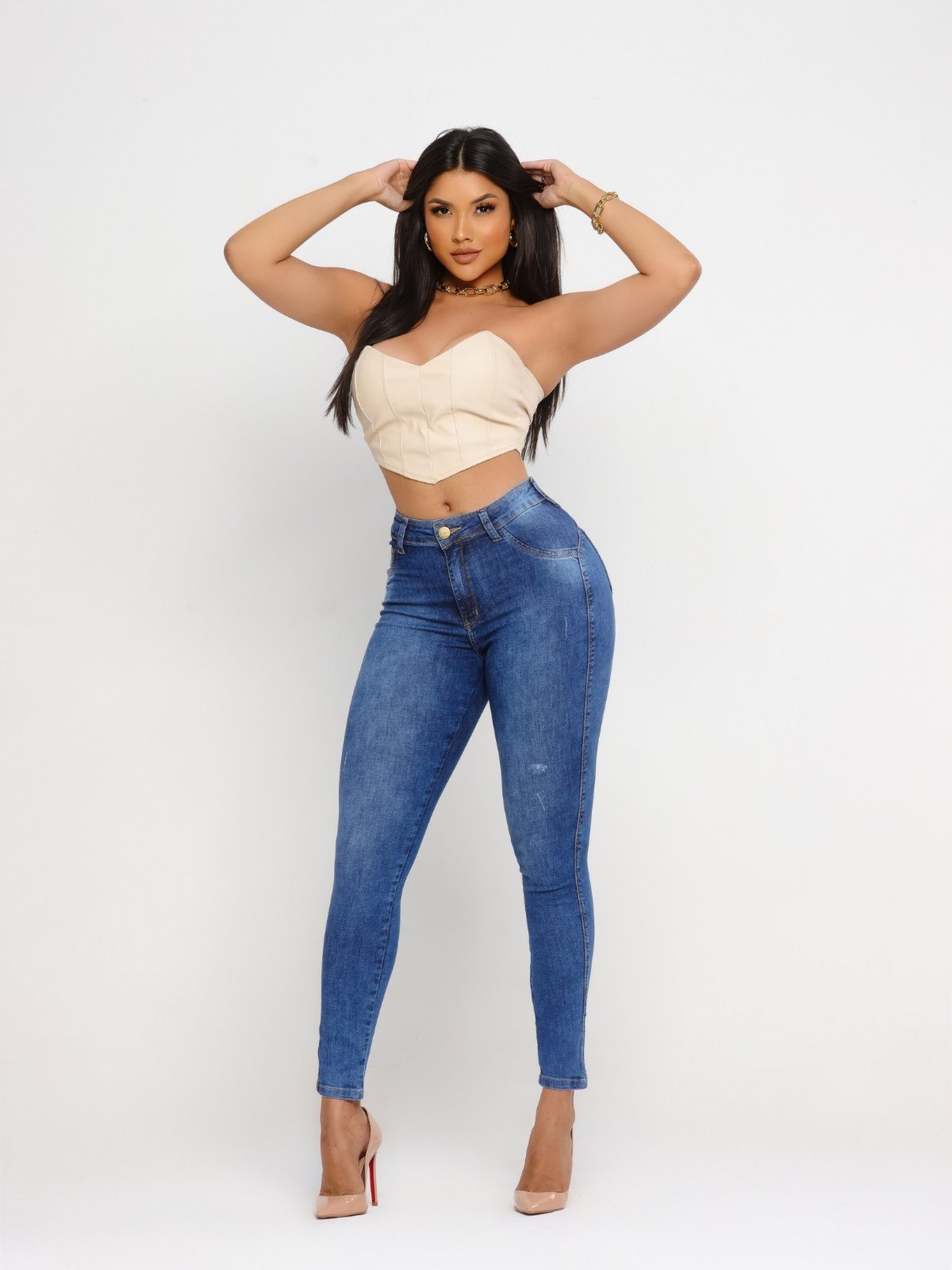 Calça Jeans Panicat Feminina Empina Bumbum Glamour Strass Azul Claro PN010090