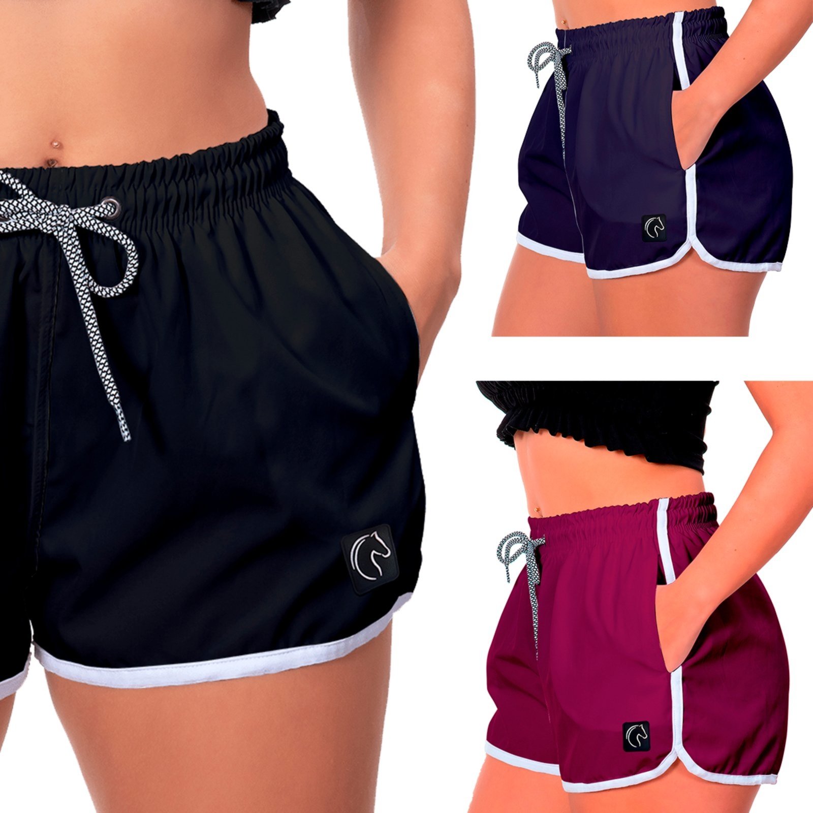 Kit 3 Shorts Feminino Premium Secagem Rápida com Elástico Cordão Ajustável e Bolsos Moda Praia Casual ou Treino Academia Preto, Azul Marinho e Roxo
