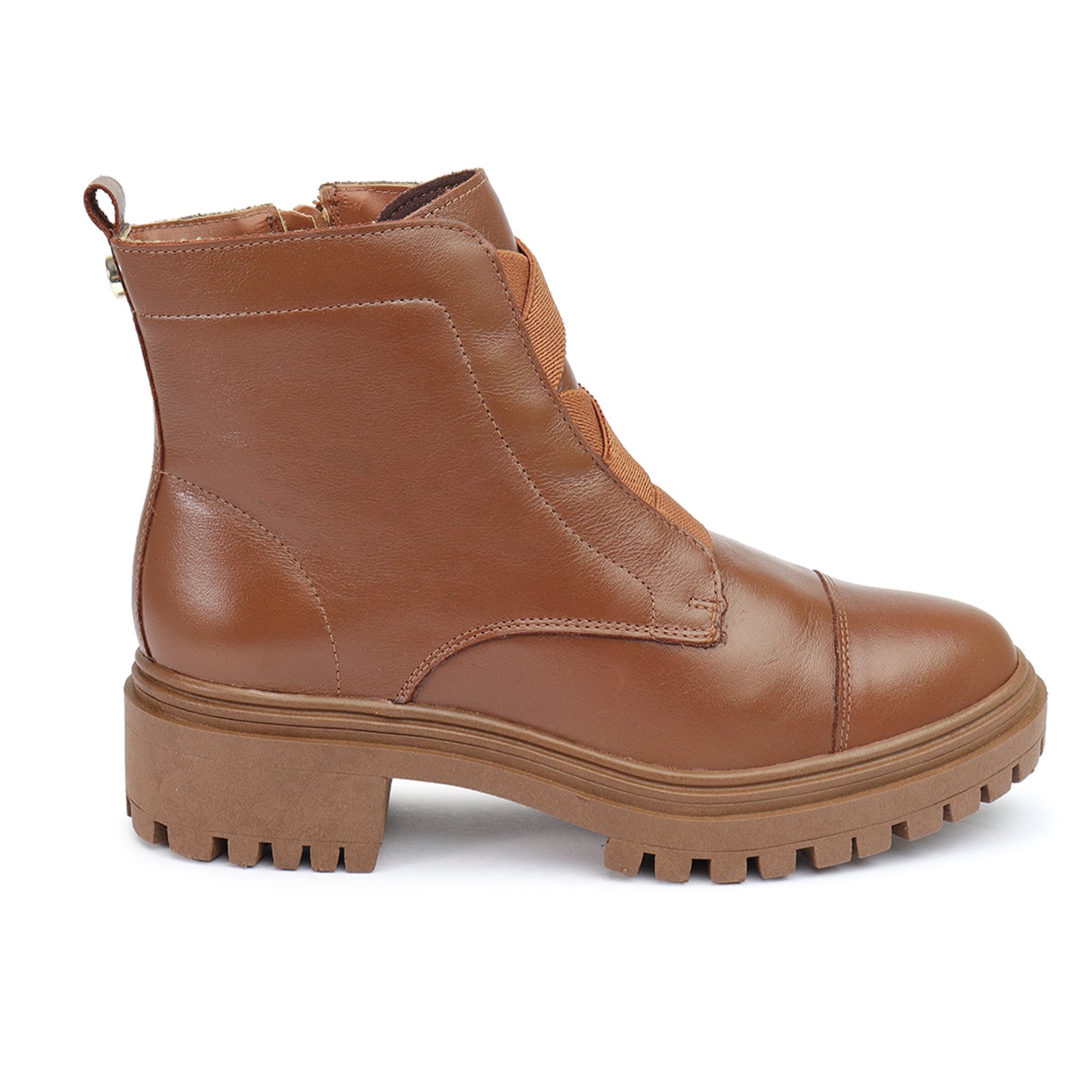 Bota Coturno Feminino Amarena Caramelo Sola Tratorado Zíper Lateral Elástico Frontal