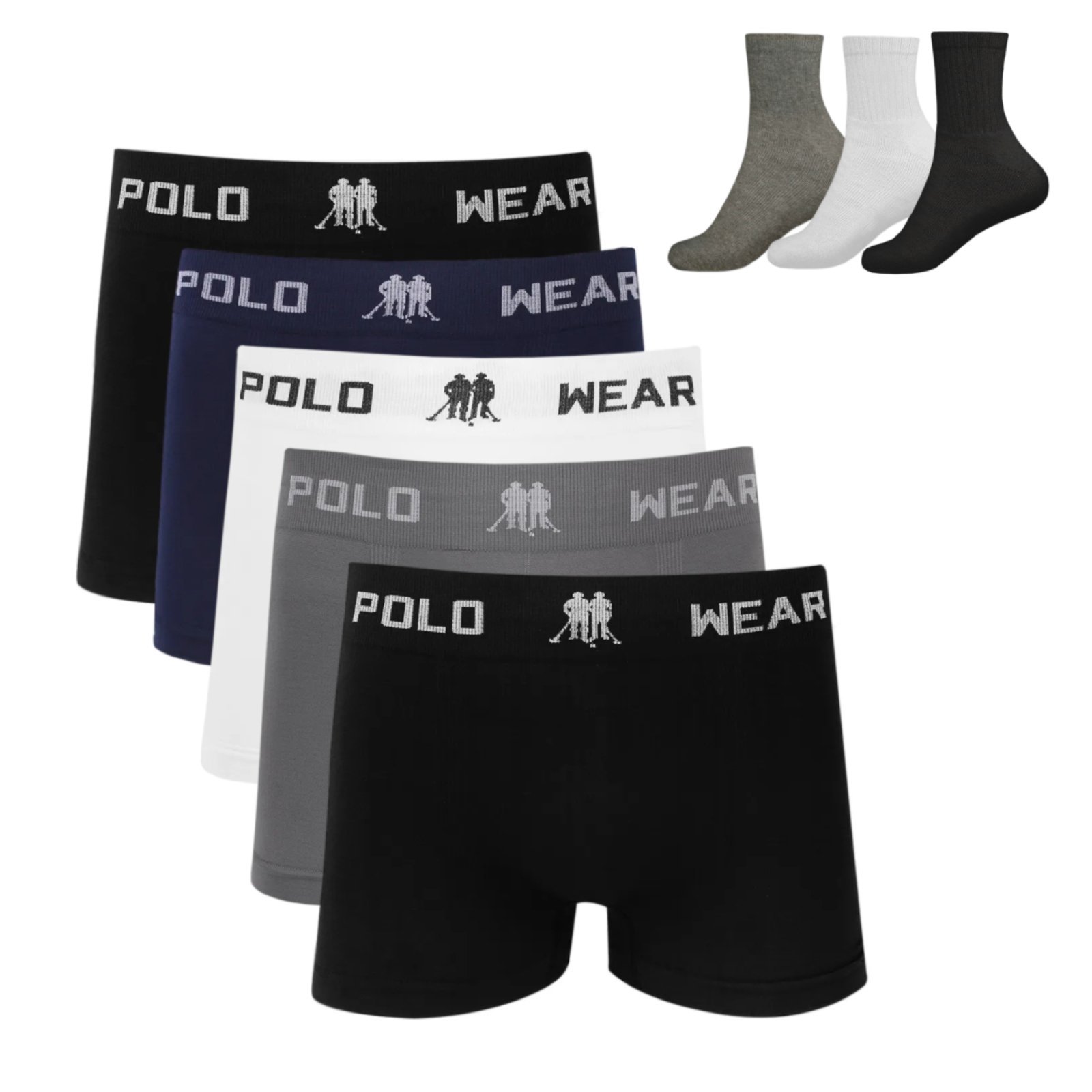 Kit 5 Cueca Boxer Polo Wear Microfibra Sortido + 3 Meias M15 Colorido