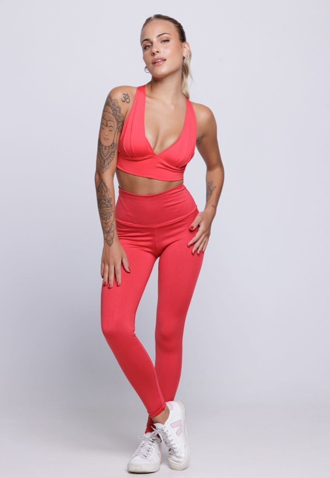 Conjunto Top Bojo e Calça Fitness Bella Fiore Modas Academia Cintura Alta Vermelho