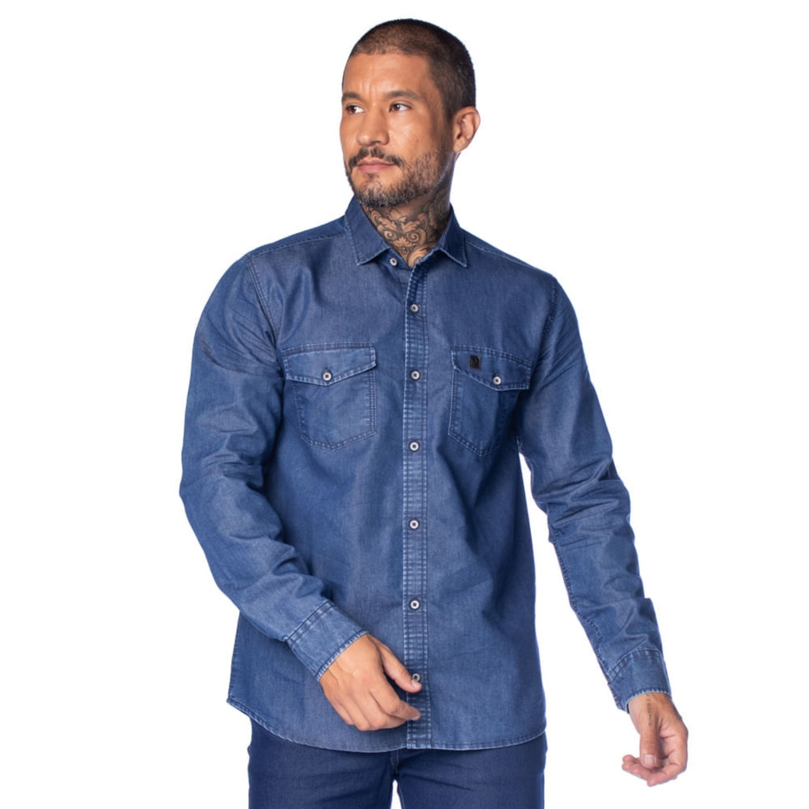 Camisa Masculina Amil Comfort Jeans Bolsos Funcionais Azul
