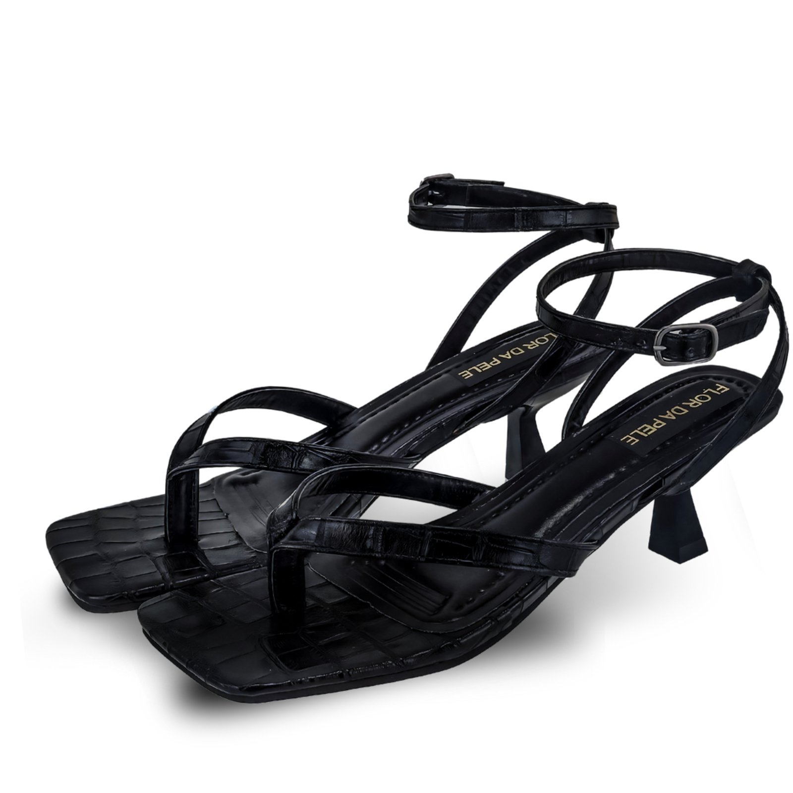 Sandáilia Feminina De Dedo Salto Baixo Fino 5412 Croco Preto Hannah Footwear