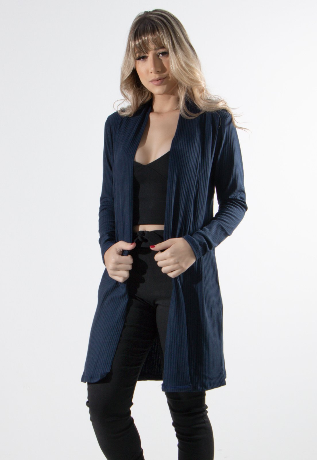 Cardigan Kimono Serra e Mar Modas Canelado Marinho
