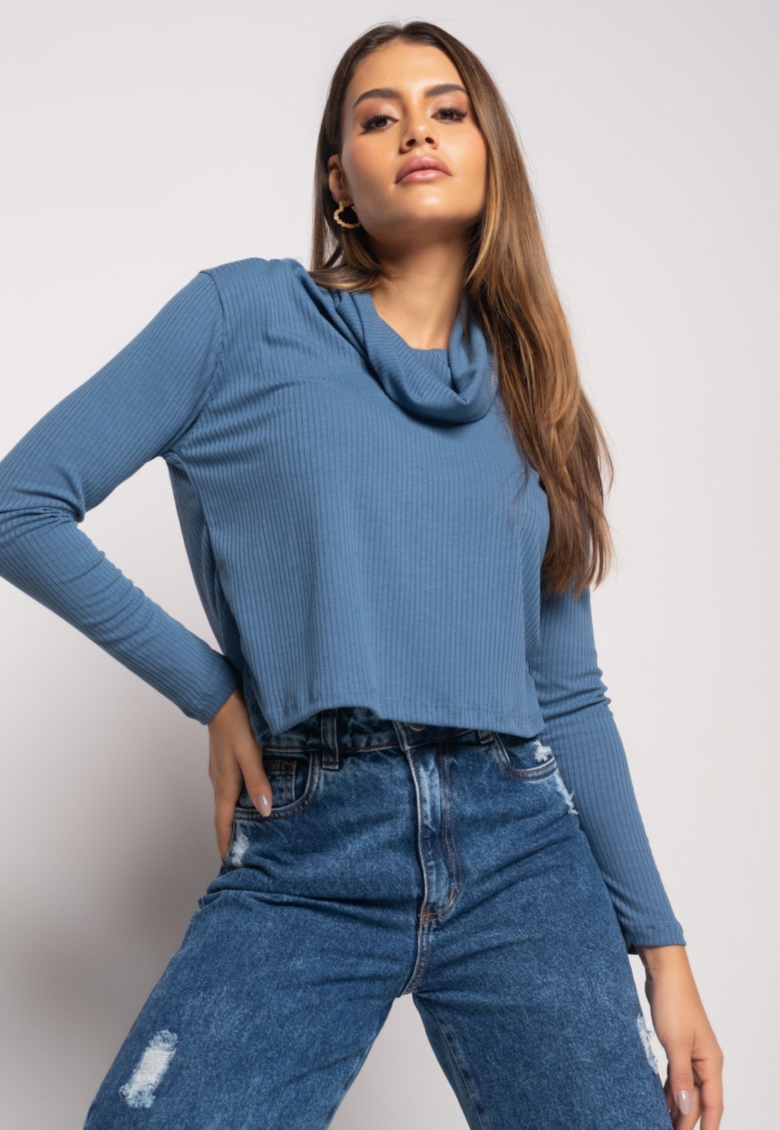 Blusa Golão Manga Longa Canelada Salvatore Fashion Azul Jeans