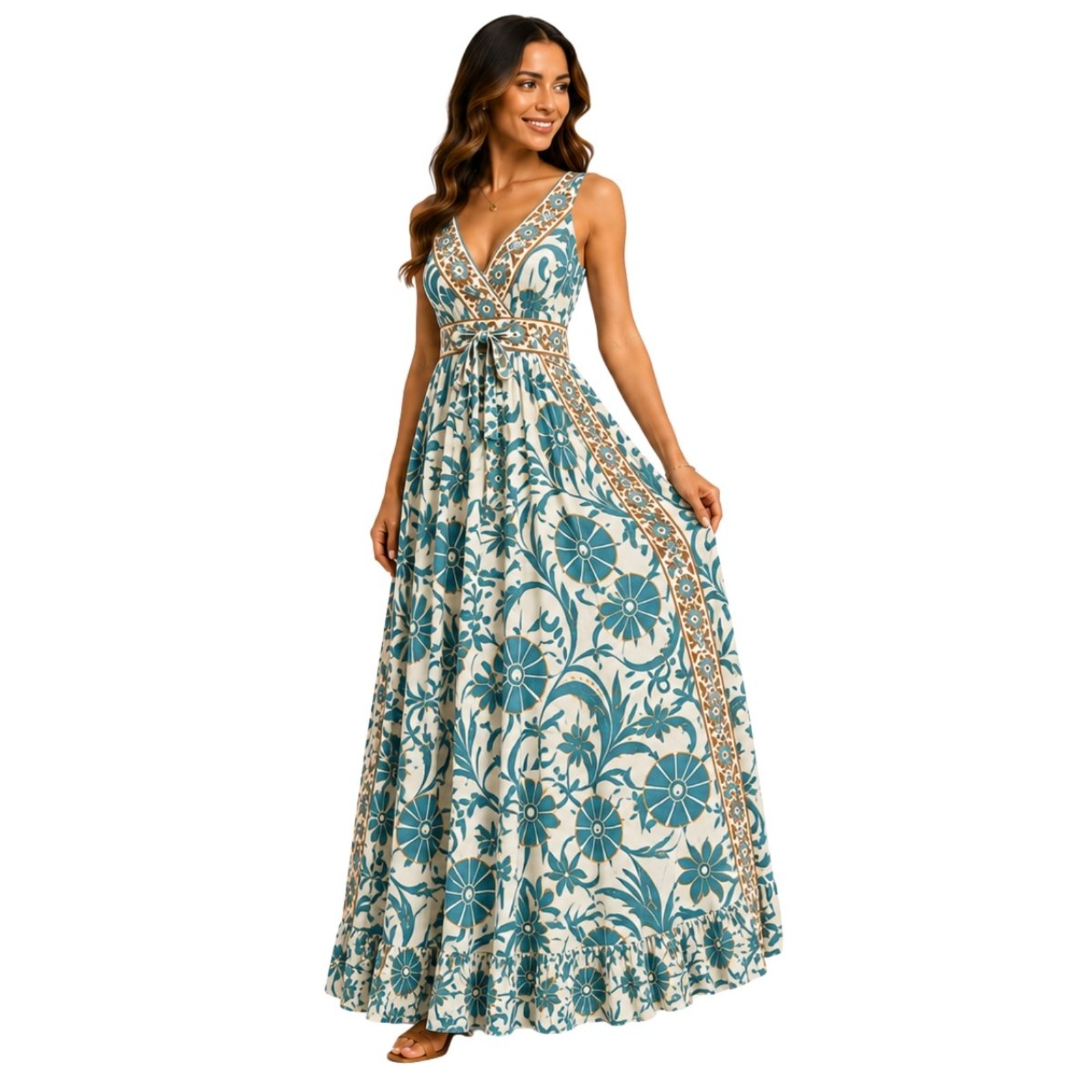 Vestido Longo Indiano Feminino Estampado Alças Reguláveis Boho Azul