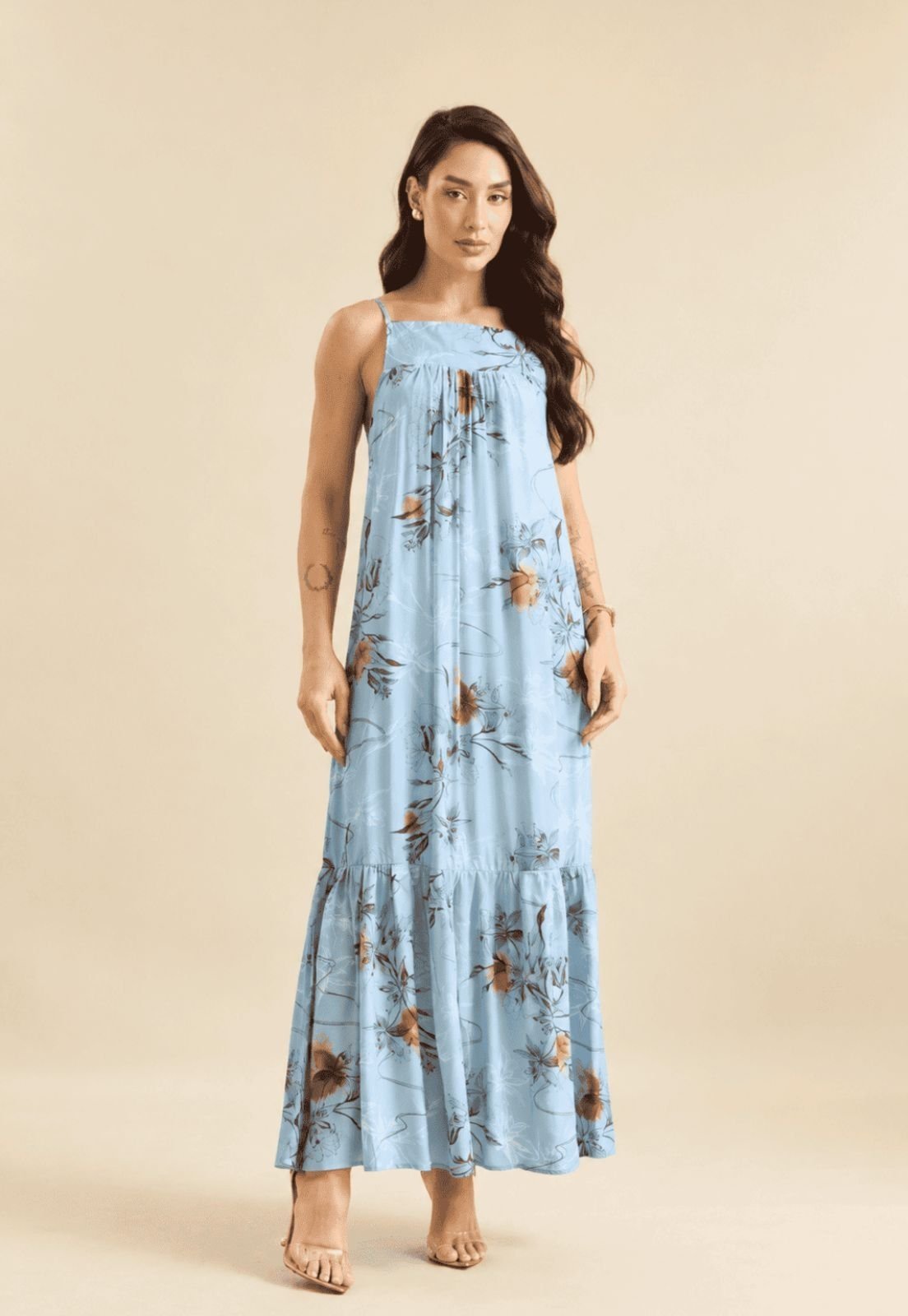 Vestido Longo Feminino Estampado com Alças Ajustáveis Lemier Collection Azul