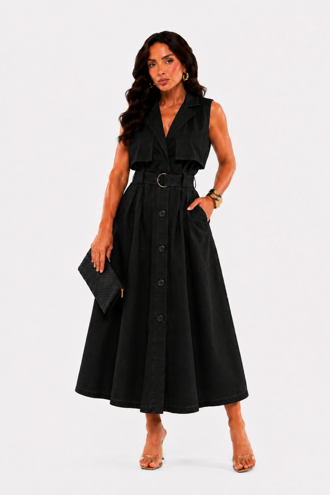 Vestido Midi D Bell Outlet Fashion Chemise Preto