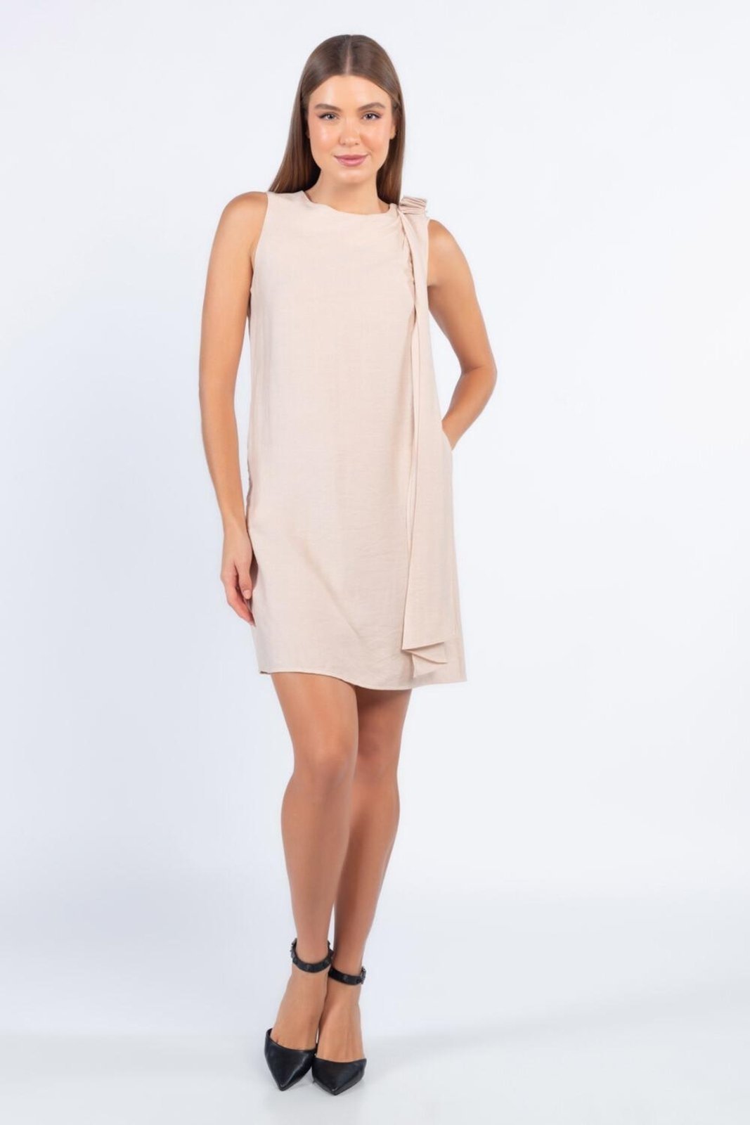 Vestido viscose com faixa ombro Bege