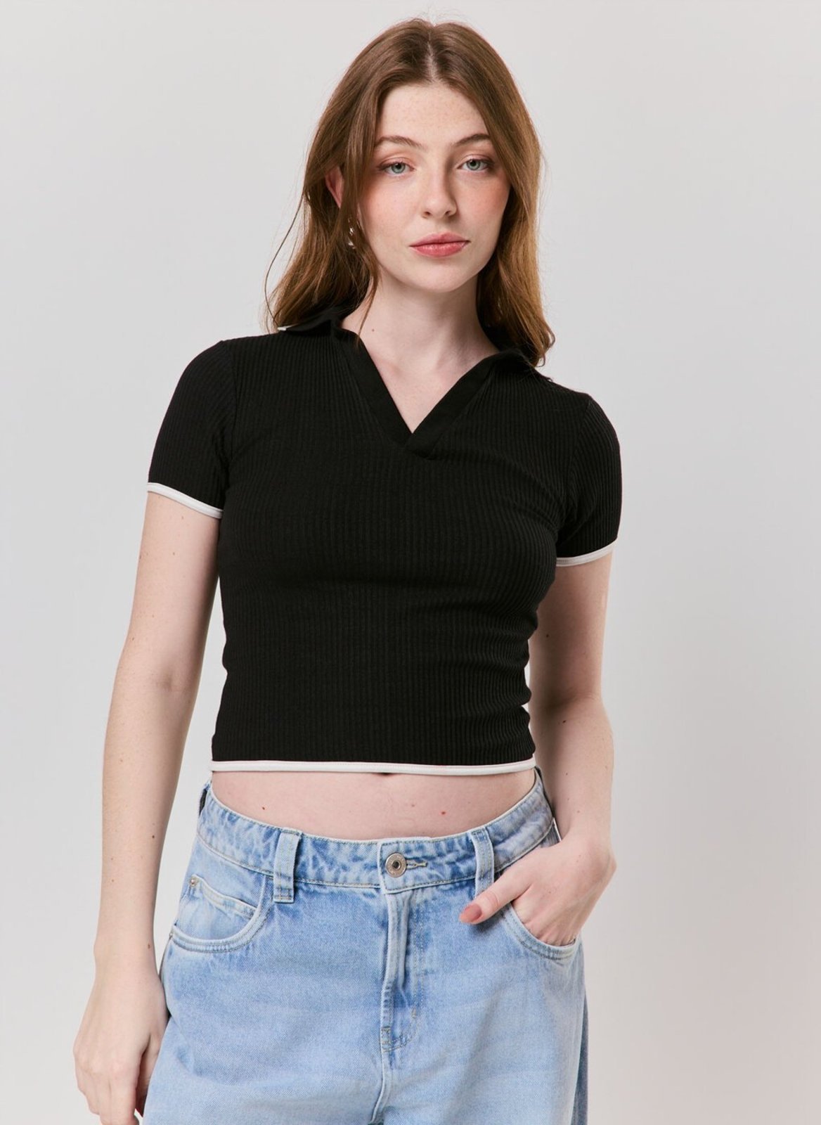 Blusa Canelada Gola Polo