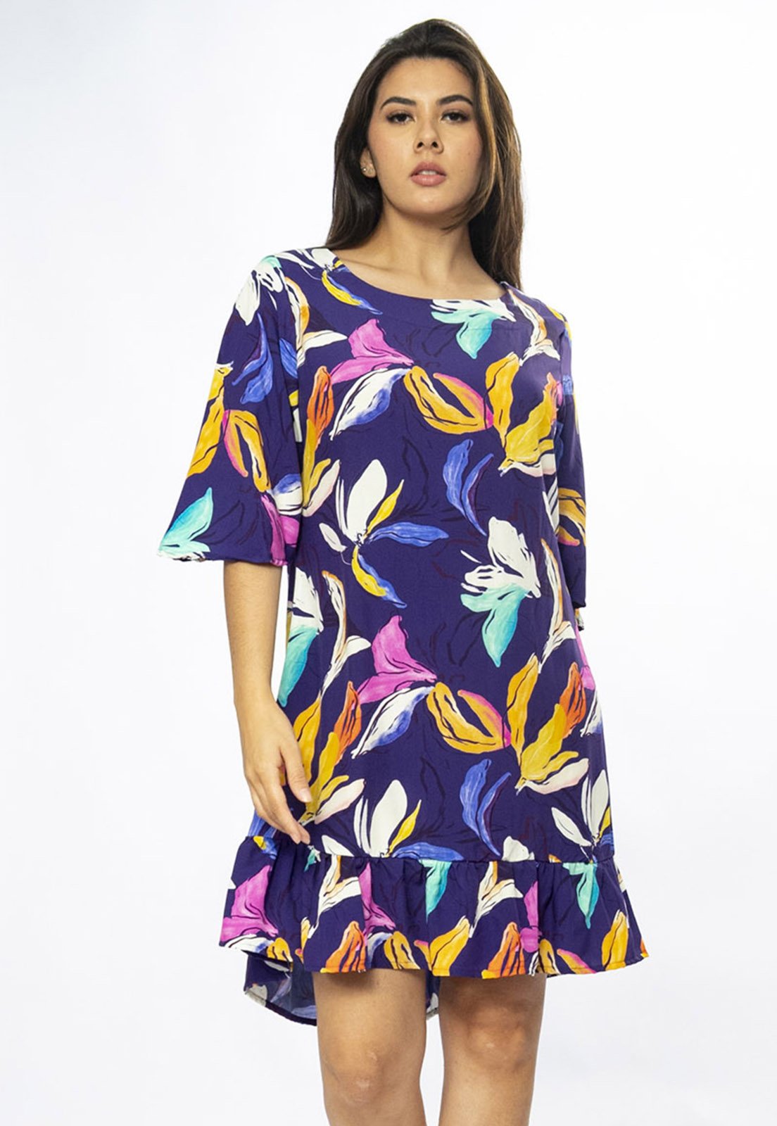 Vestido Amazonia Vital Curto Viscose Estampa Pétalas ao Vento
