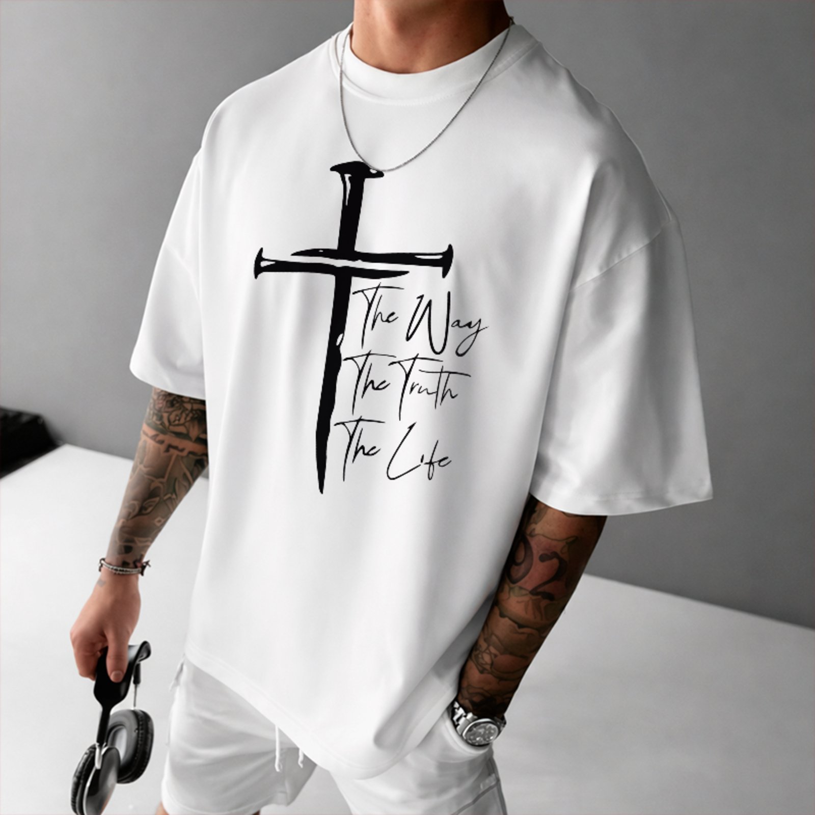 Camiseta Oversized Gospel Fé The Way Truth Life Unissex Branco