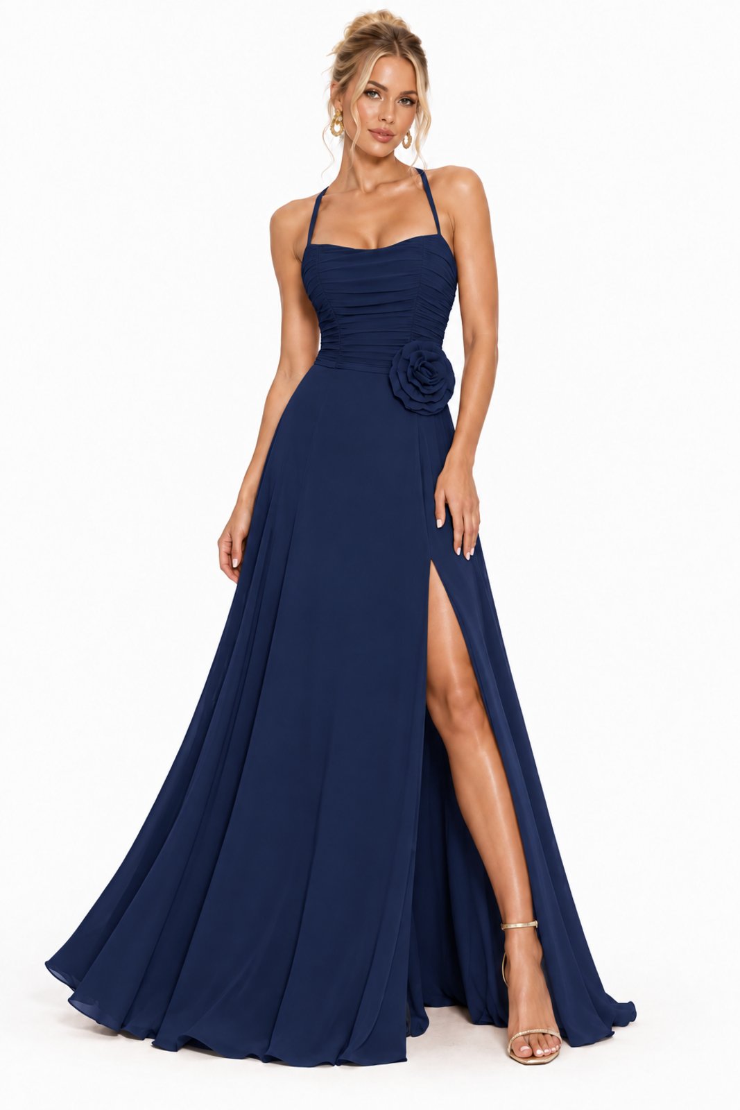 Vestido Longo D Bell Outlet Fashion Elegance Flower Azul Marinho