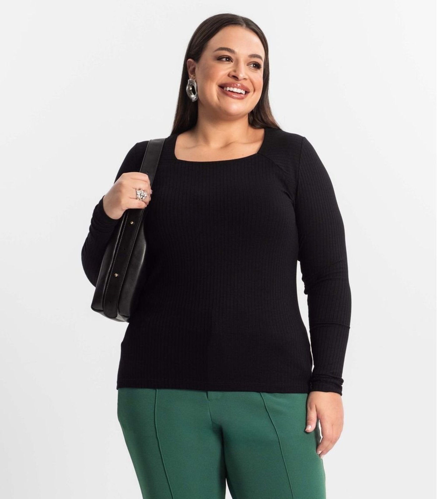 Blusa Plus Size Em Ribana Canelada Secret Glam Preto