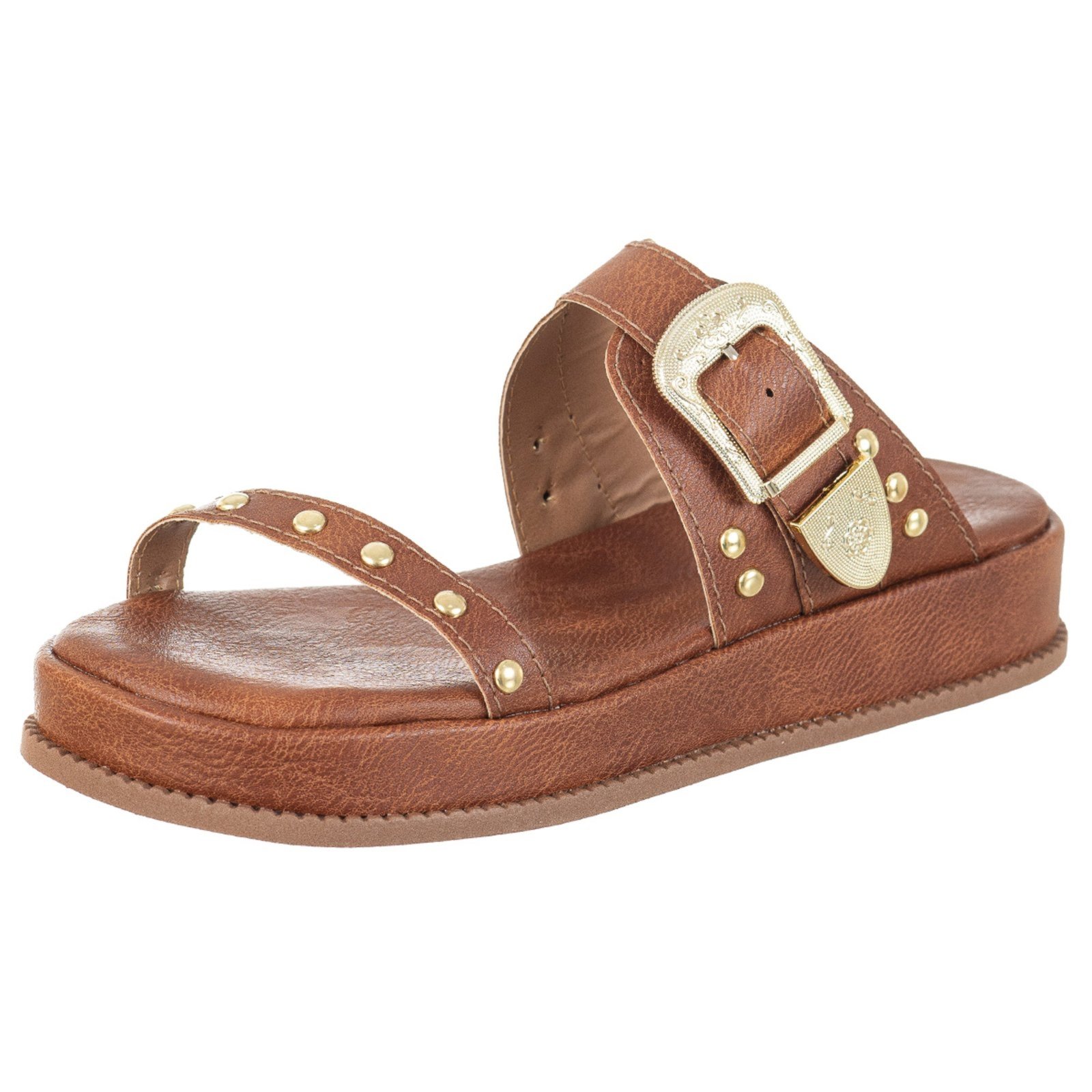 Tamanco Feminino Papete FlatForm Com Fivela Via Birigui Caramelo