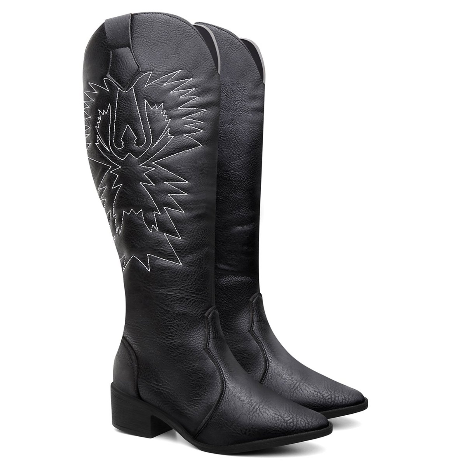 Bota Feminina Veritimo Texana Cano Alto Westen Bordada Salto Grosso Elegante Preto