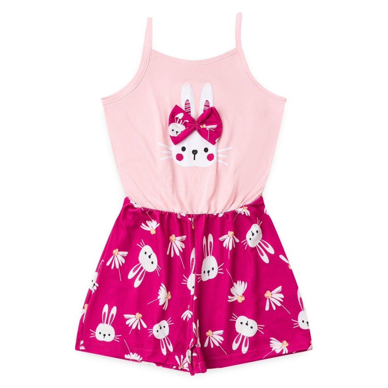 Infantil - Macaquinho Verão Menina Rosa com Laço aplicado Coelhinhos