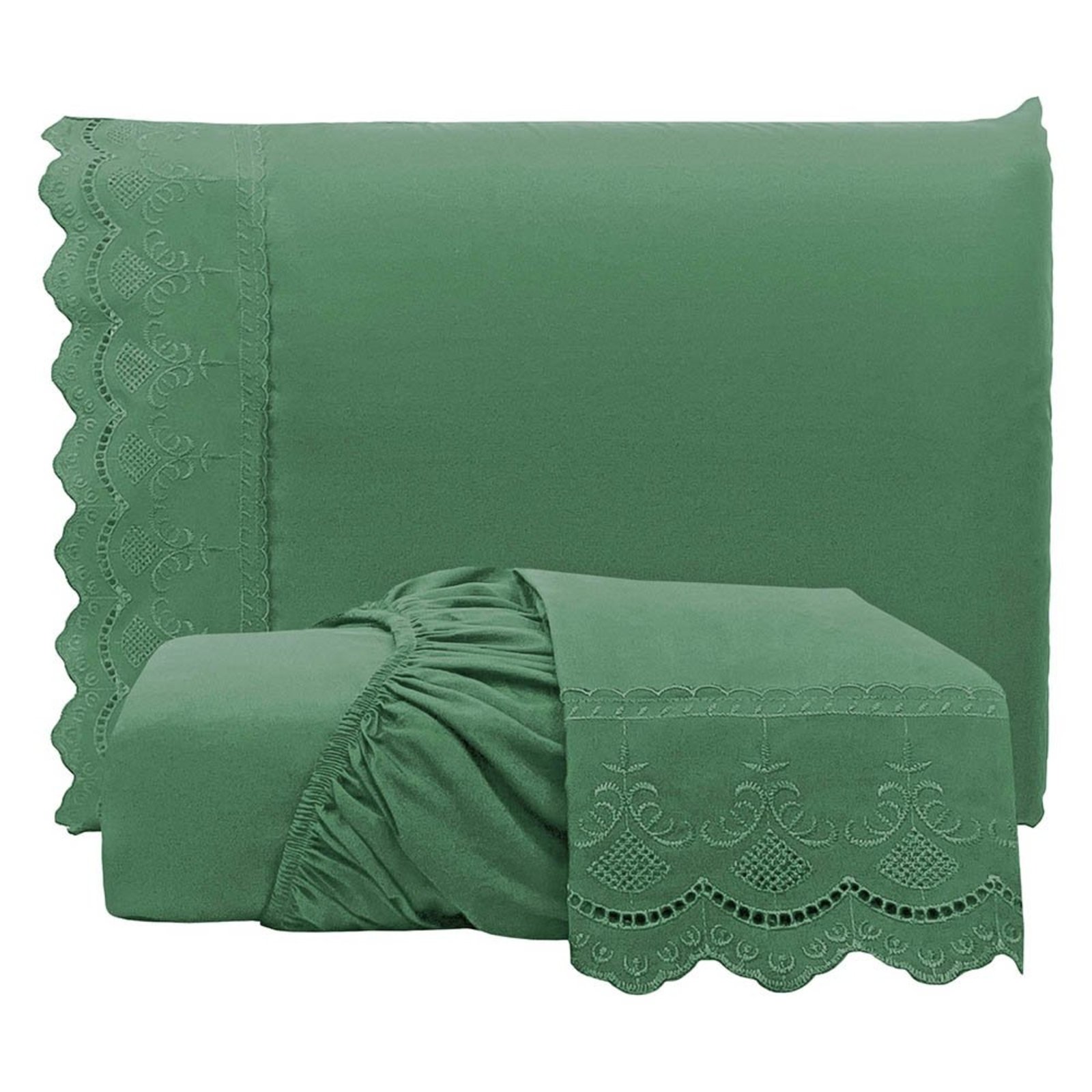 Jogo Cama Lençol Loren Casal Padrão Bordado Inglês Micro Percal 300 Fios 3 Peças Verde Esmeralda