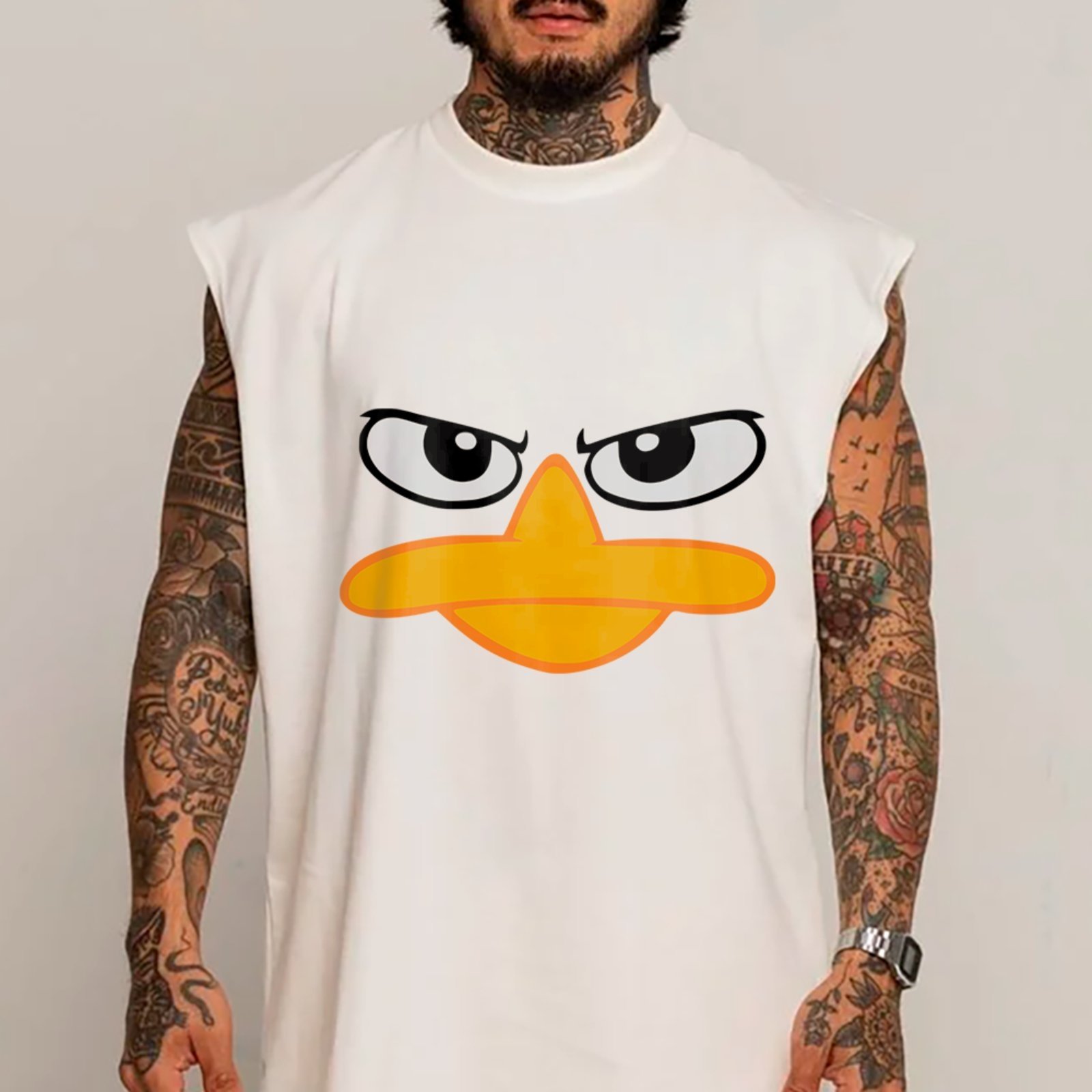 Camiseta Regata Machão Angry Duck Meme Funny Estilo Urbano Branco