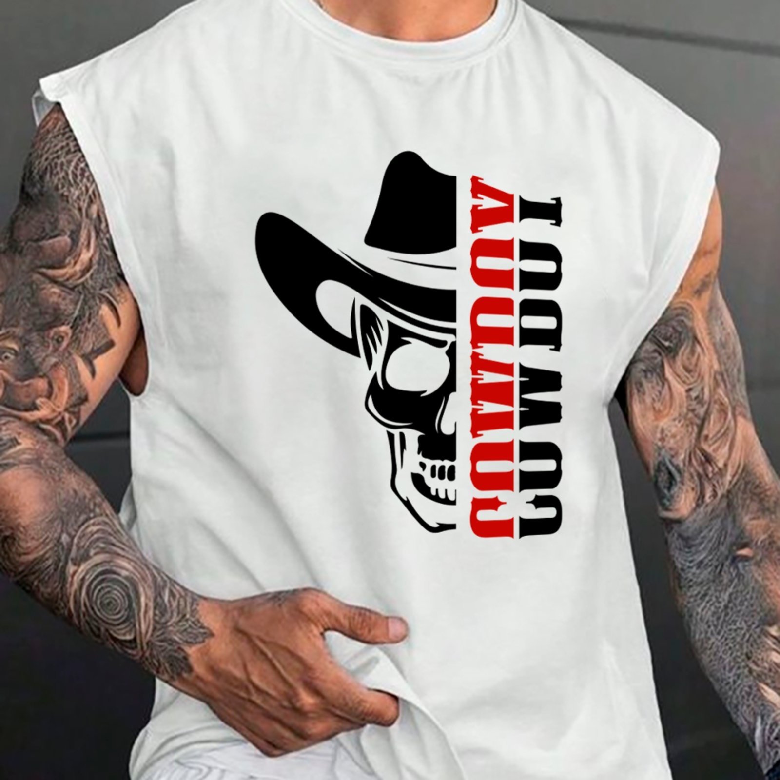 Camiseta Regata Machão Country Skull Visual Autêntico Cowboy Masculina Branco