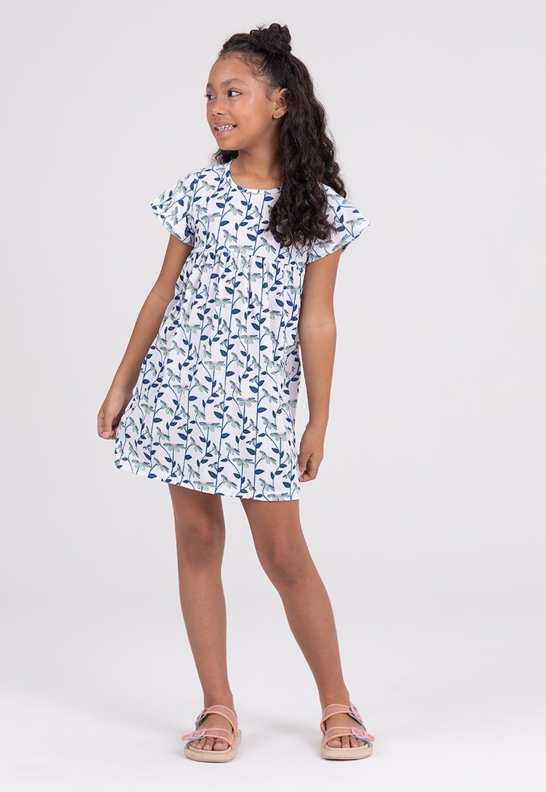 Infantil – Vestido Poliplex Evasê Margaridas Branco