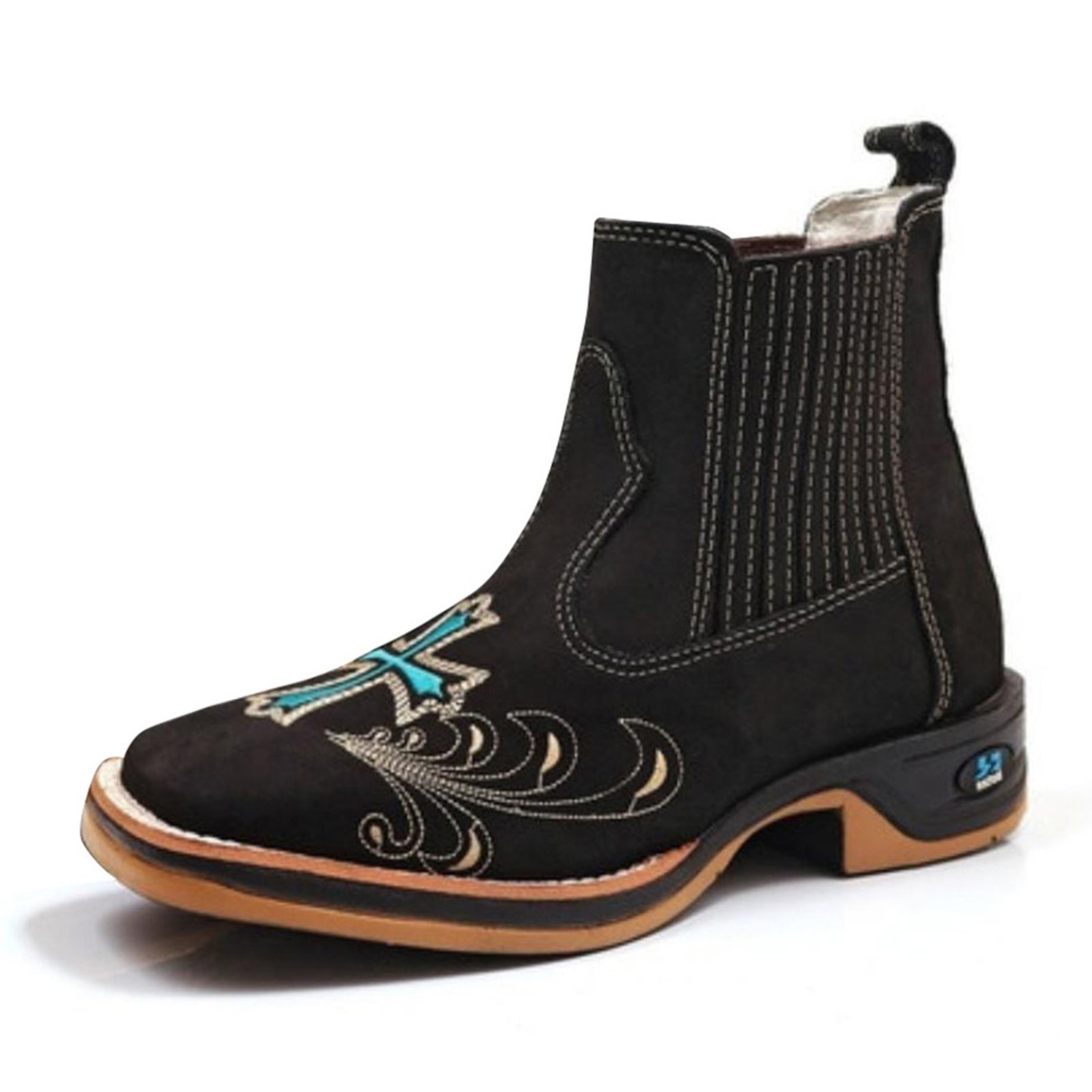 Bota Feminina RR Botas Texana Country Couro Bordado Cruz Bico Quadrado Confortável