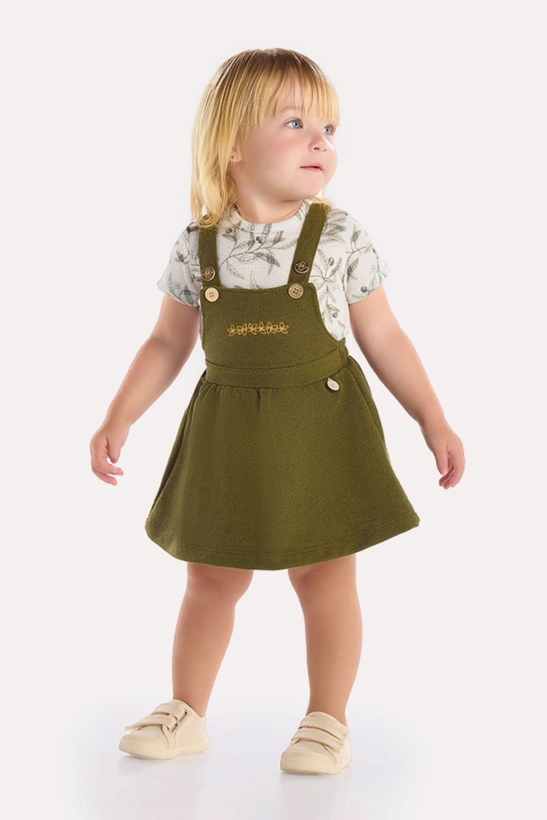 Infantil - Conjunto Body Verde Tricot com Salopete em Moletom com Linho