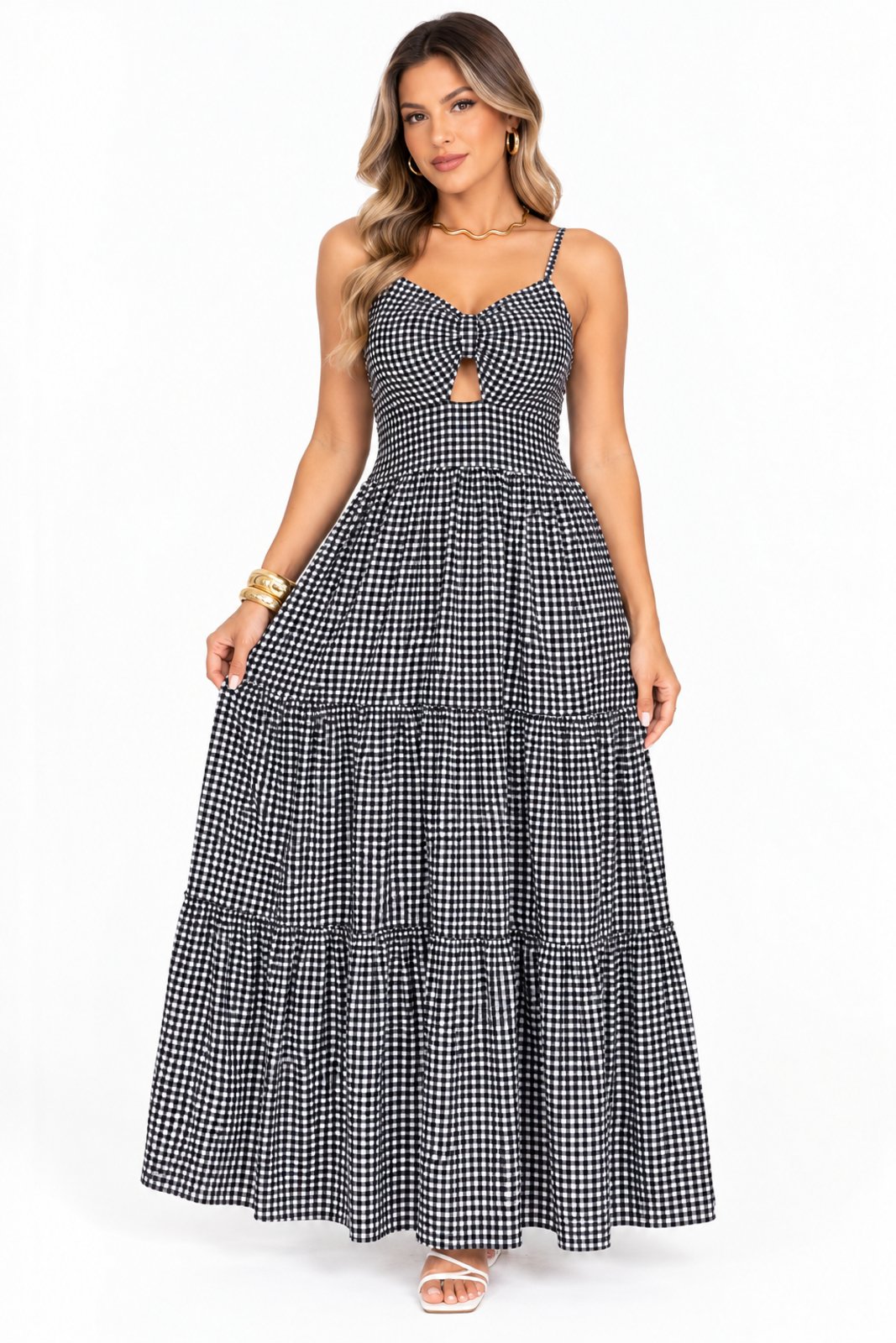 Vestido Longo Três Marias D Bell Outlet Fashion Alça Fina Estampa Xadrez Preto
