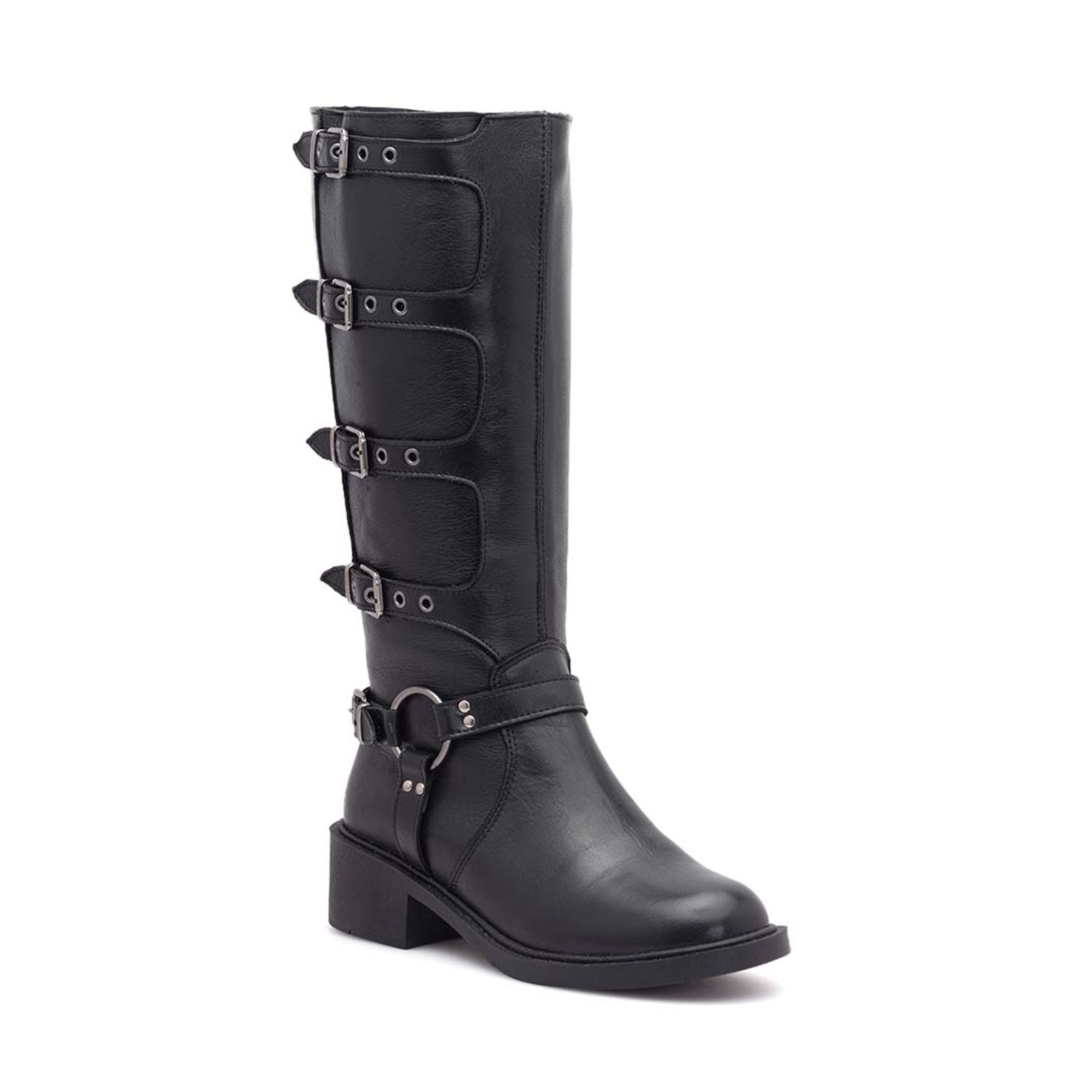 Bota Couro Via Miss Cano Longo Fivelas Preto