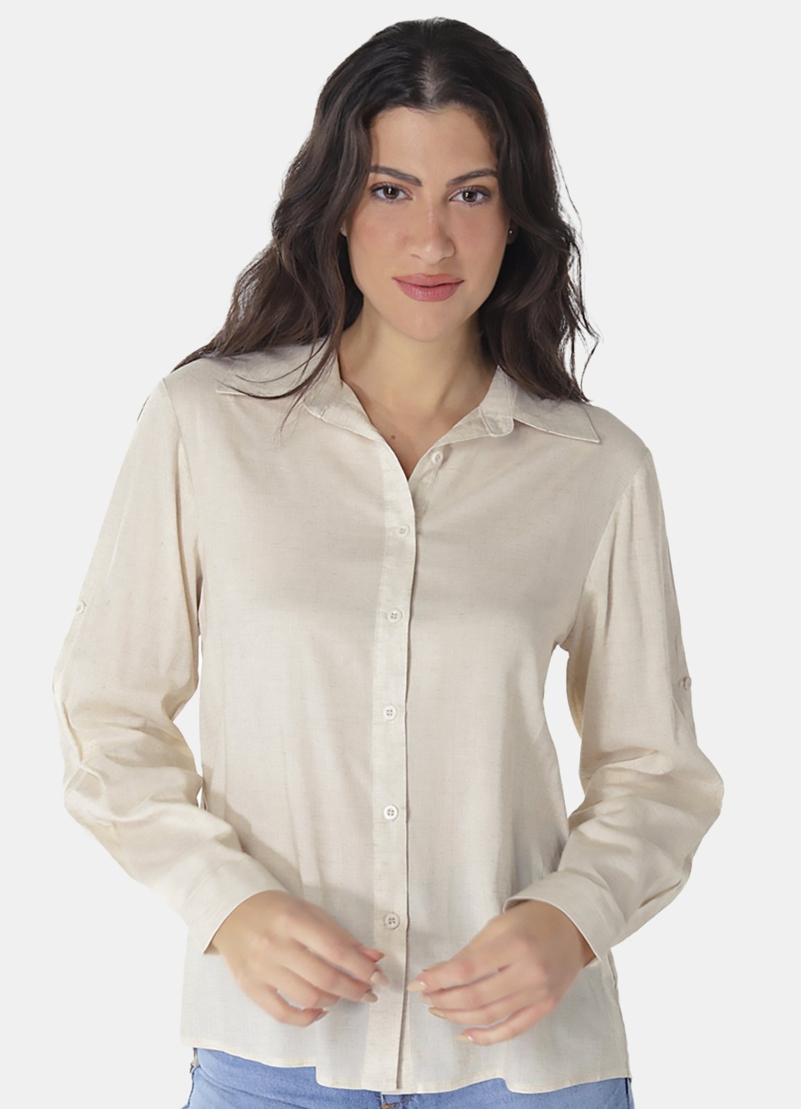 Vista 3 Camisa Feminina Areia Viscose com Linho Sob bege SOB bege