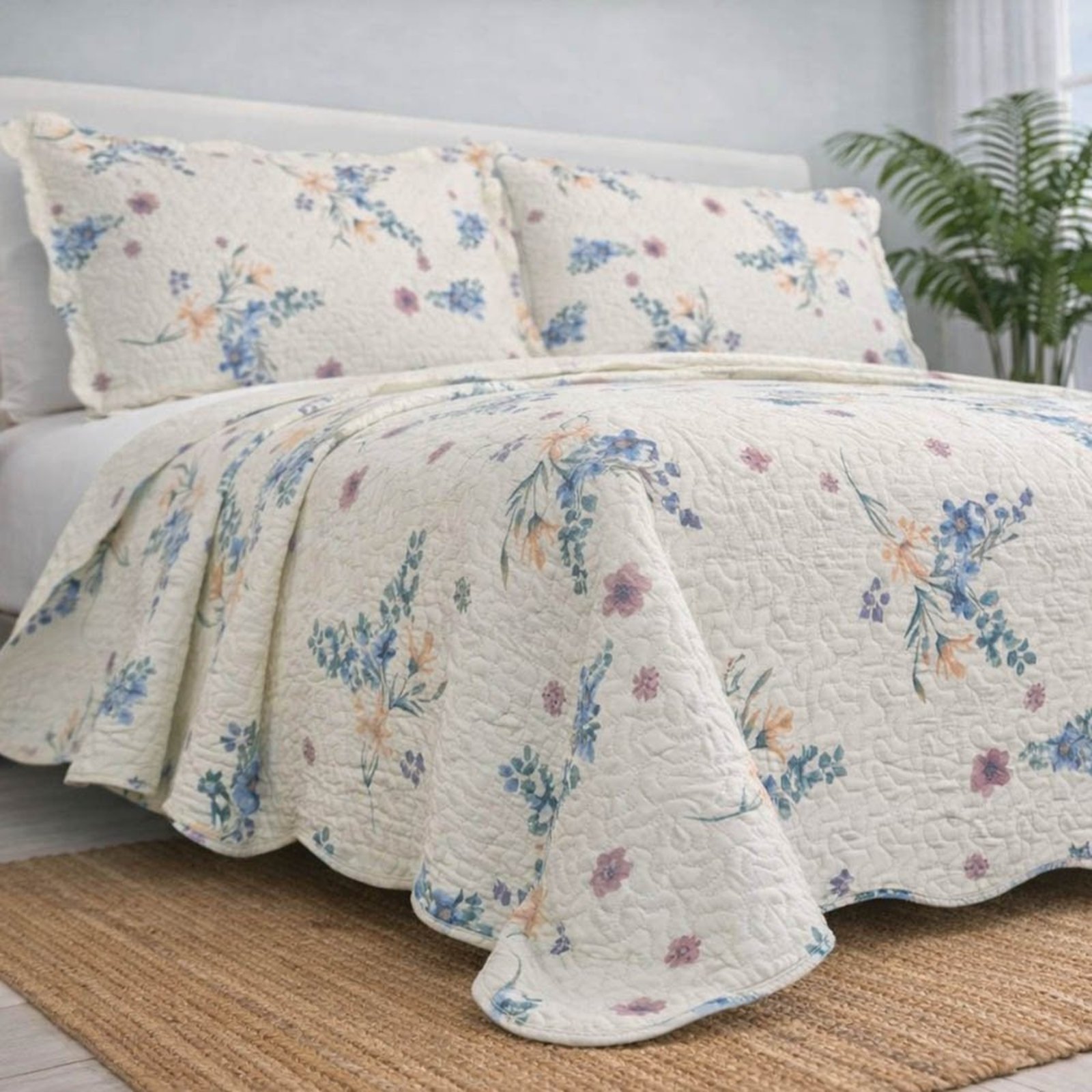 Kit Cobre Leito Evolution Queen Estampado Floral Dupla Face Colcha 3 Peças Lila