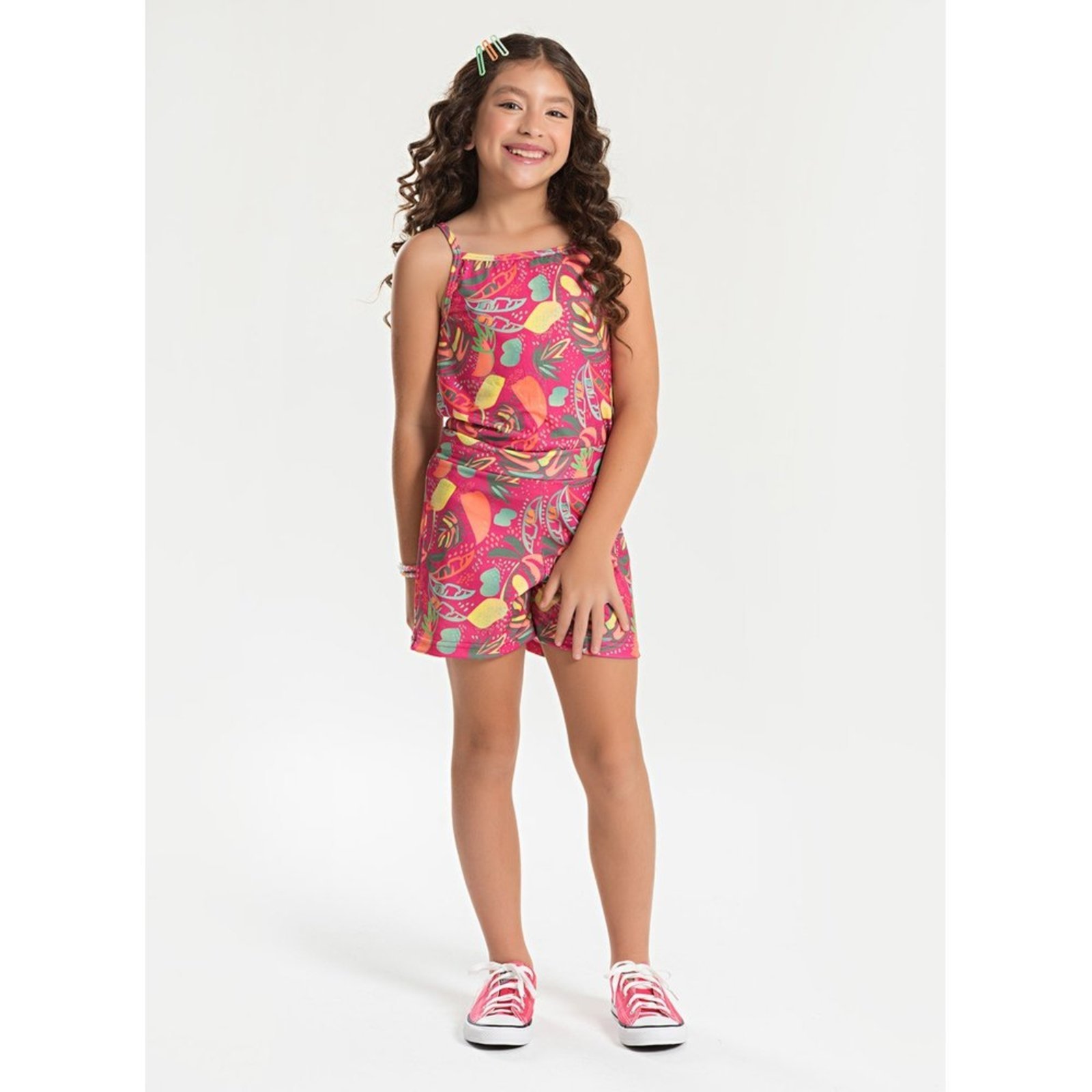 Infantil – Conjunto Verão Menina Pink Cropped Alcinha e Short Folhagens Vibrantes