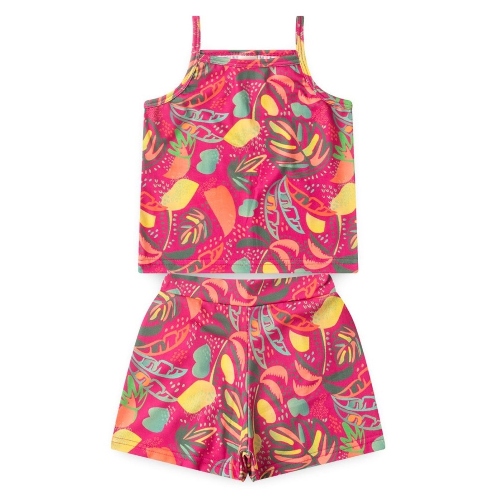 Vista 3 Infantil - Conjunto Verão Menina Pink Cropped Alcinha e Short Folhagens Vibrantes Molekada rosa pink Molekada rosa pink