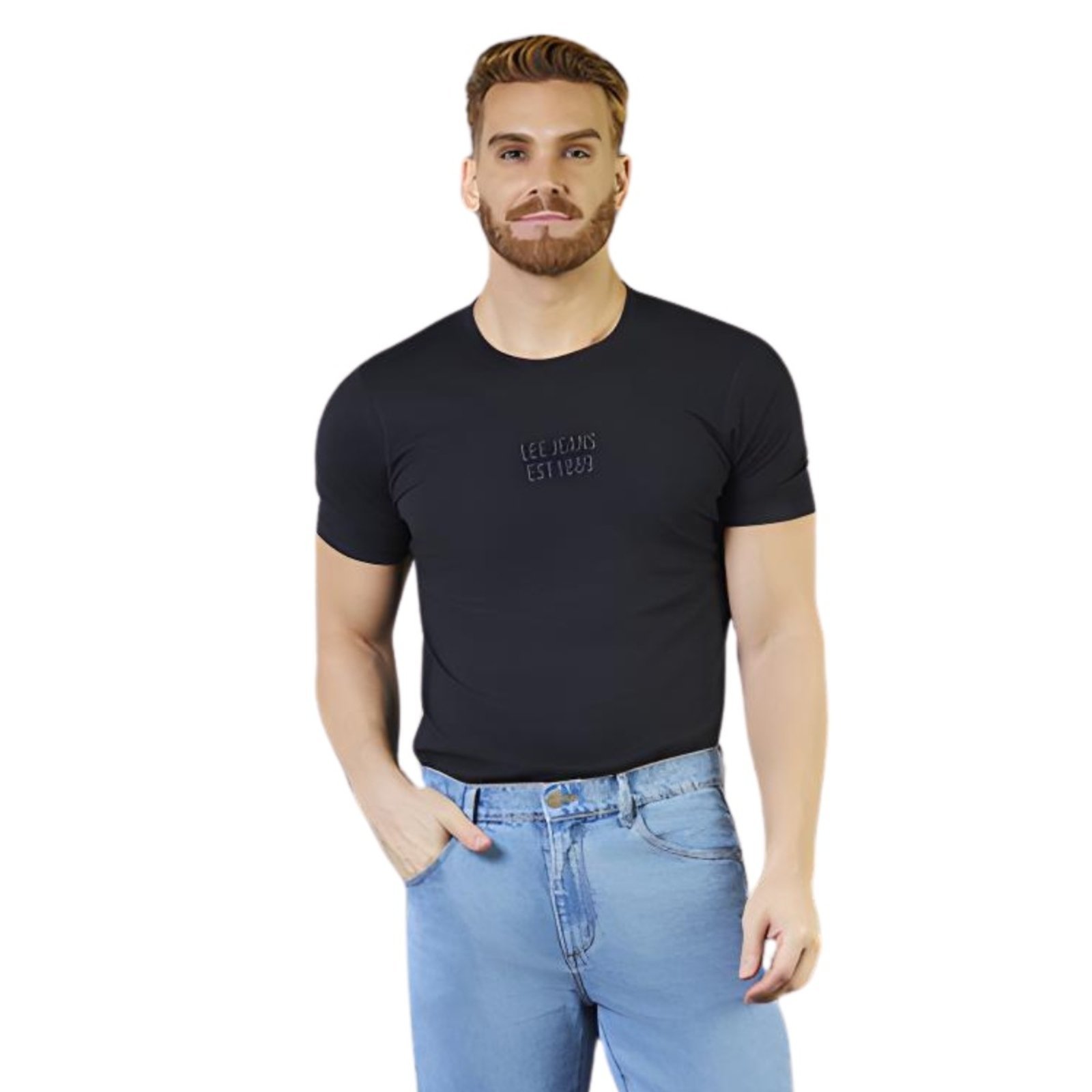Vista 2 Camiseta Masculina Malha Estampa Relevo Lee preto Lee preto