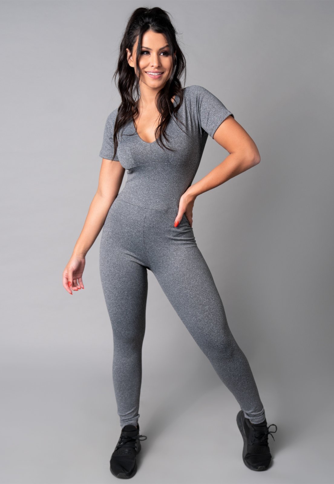 Macacão MVB Modas Longo Feminino Manga Curta Fitness Suplex Cinza