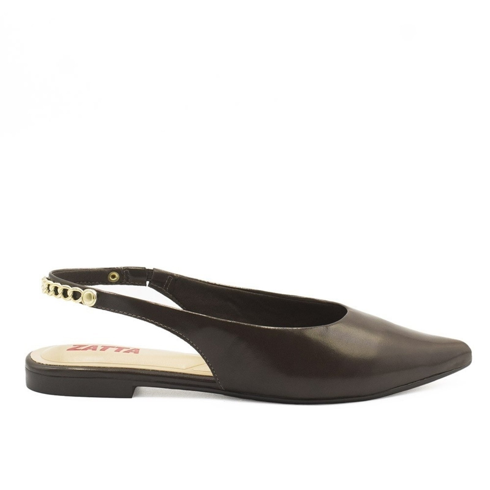 Sapatilha Zatta Slingback Bico Fino Corrente Atrás Dalila Marrom